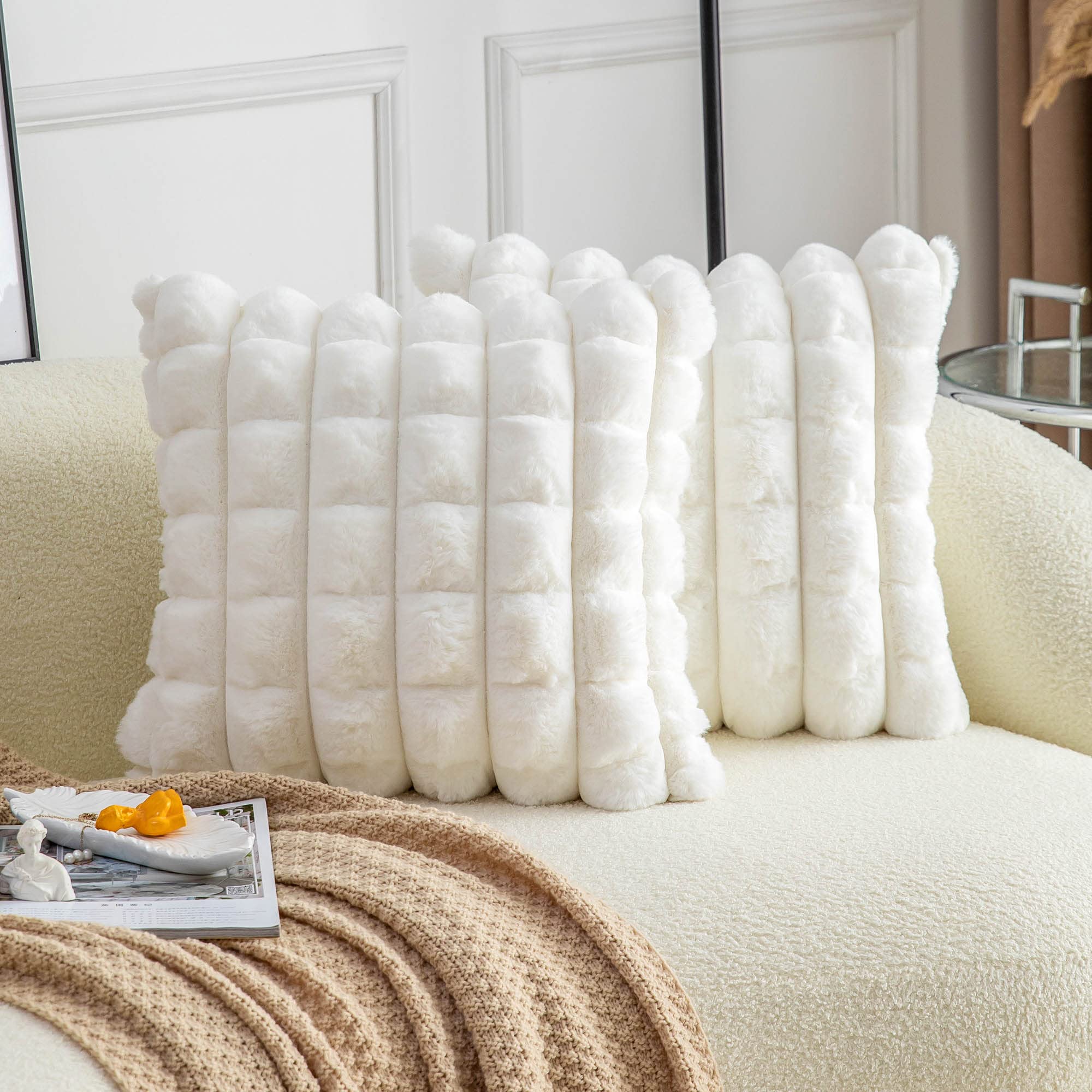 Neelvin Cream White Faux Fur Cozy Soft Plaid Decorative Throw Pillow Covers 18X18 Inch Set Of 2,Velvet Pillowcase Cushion Case F