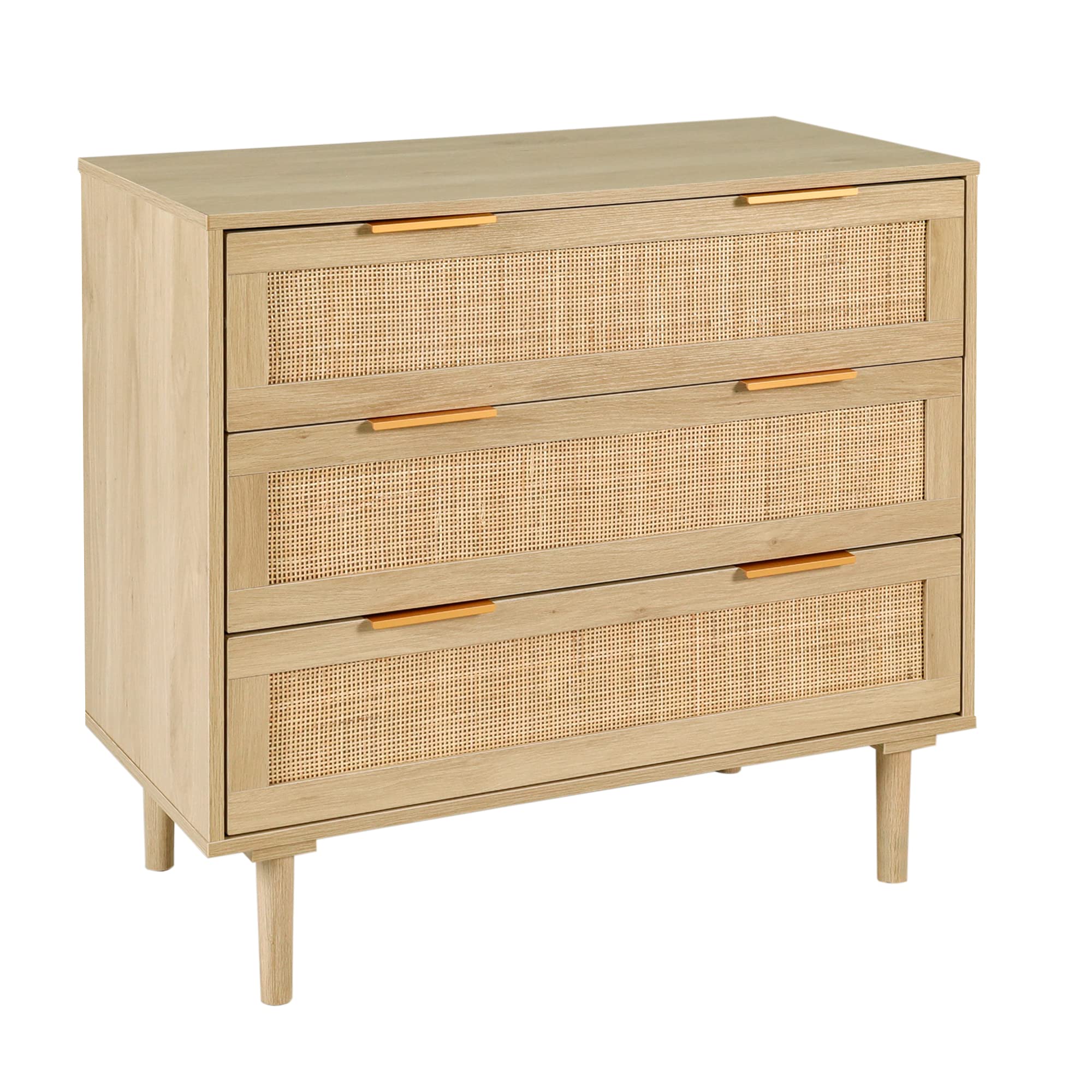 HOPUBUY 3 Drawer Dresser for Bedroom, Rattan Modern Closet Dressers Chest of Drawers, Wood Oak Storage Chest for Kids Bedroom, H