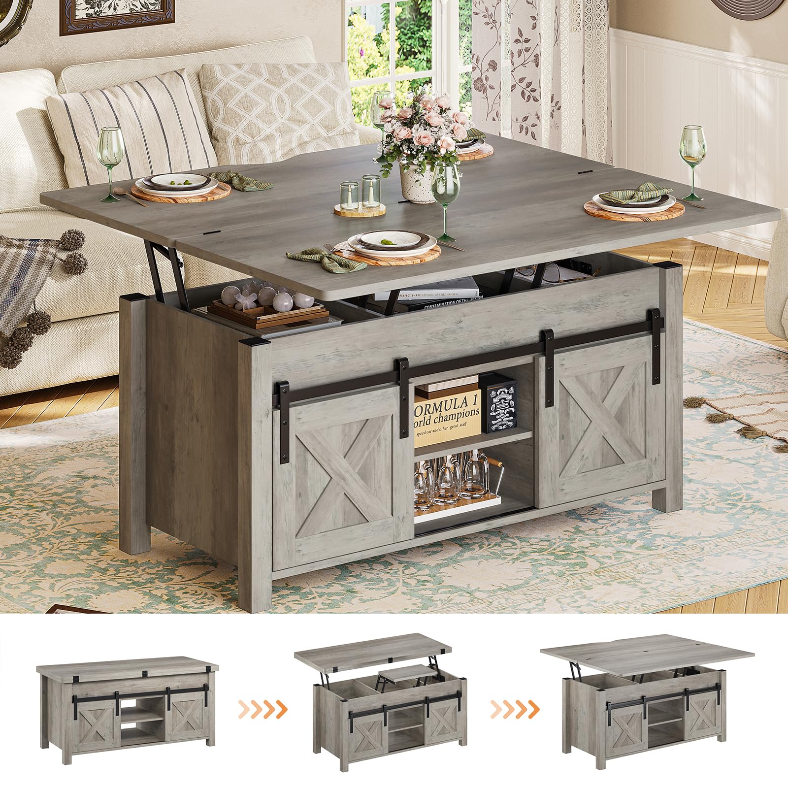 Sedeta Lift Top Coffee Table, 4 In 1 Multi-Function Convertible Coffee Tables With Storage And Hidden Compartment, Farmhouse Coffee Table Converts To Dining Table For Living Room, Grey