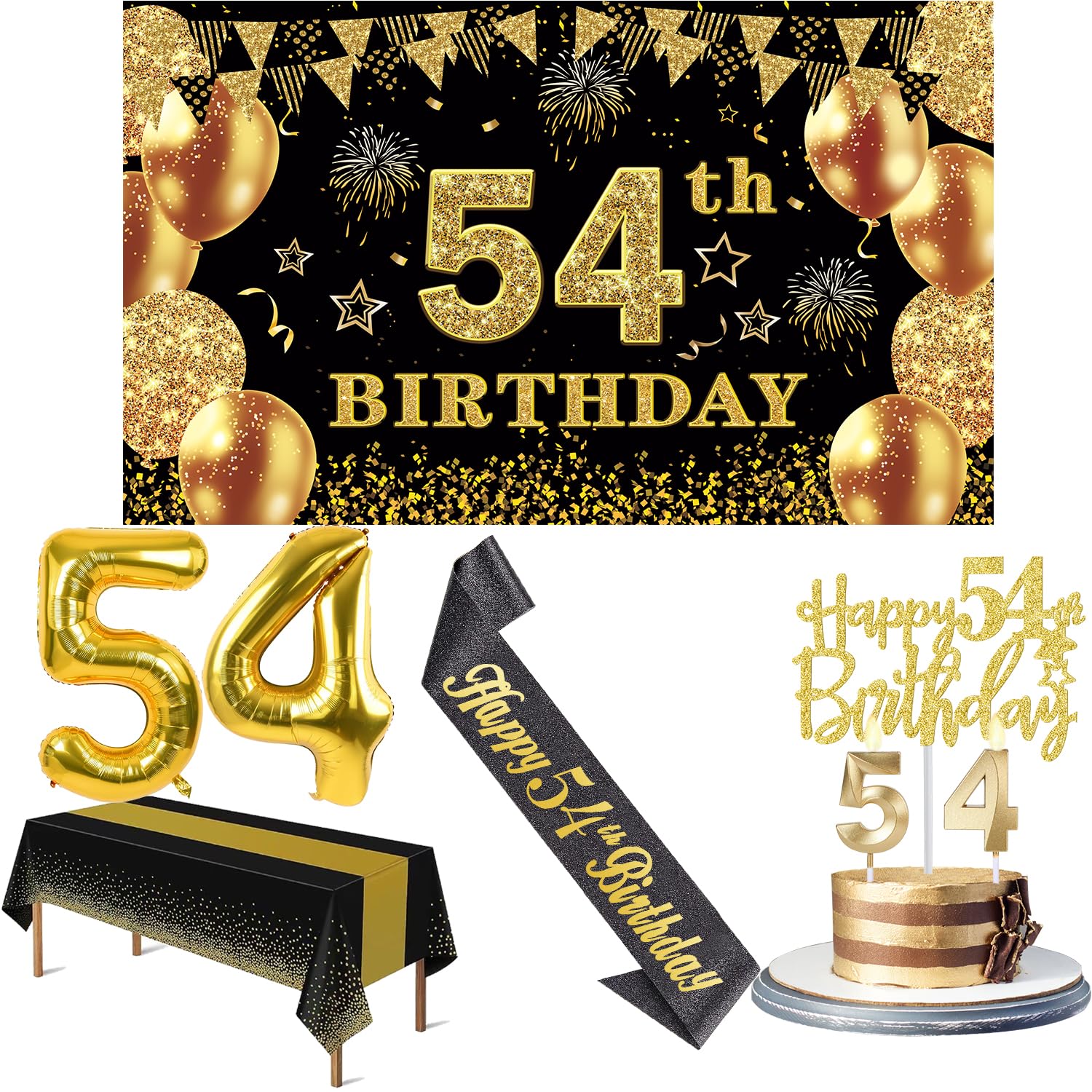 54th Birthday Decorations Men Women with 54th Birthday Banner, Black and Gold Table Cloth, Number Balloons, Large Sash, Cake Top