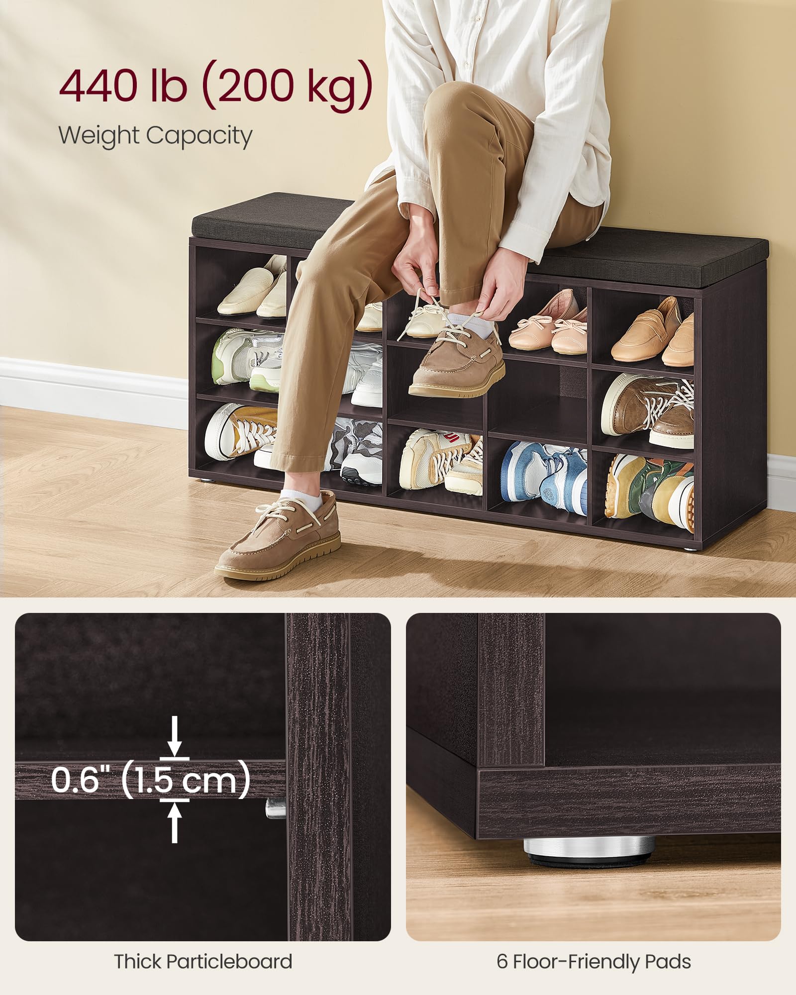 Vasagle Shoe Bench With Cushion, Storage Bench With Padded Seat, Entryway Bench With 15 Compartments, For Bedroom, 11.8 X 41.3 X 18.9 Inches, Espresso Brown And Chestnut Brown Ulhs15Br