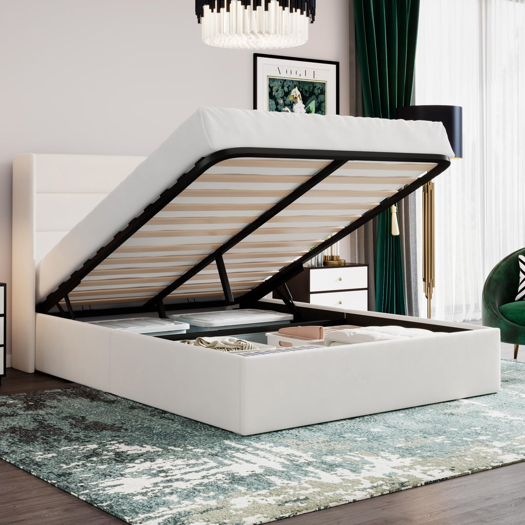 Sha Cerlin Queen Size Lift Up Storage Bed/Velvet Upholstered/Modern Wingback Headboard/Upholstered Platform Bed Frame/Hydraulic Storage/No Box Spring Needed/White