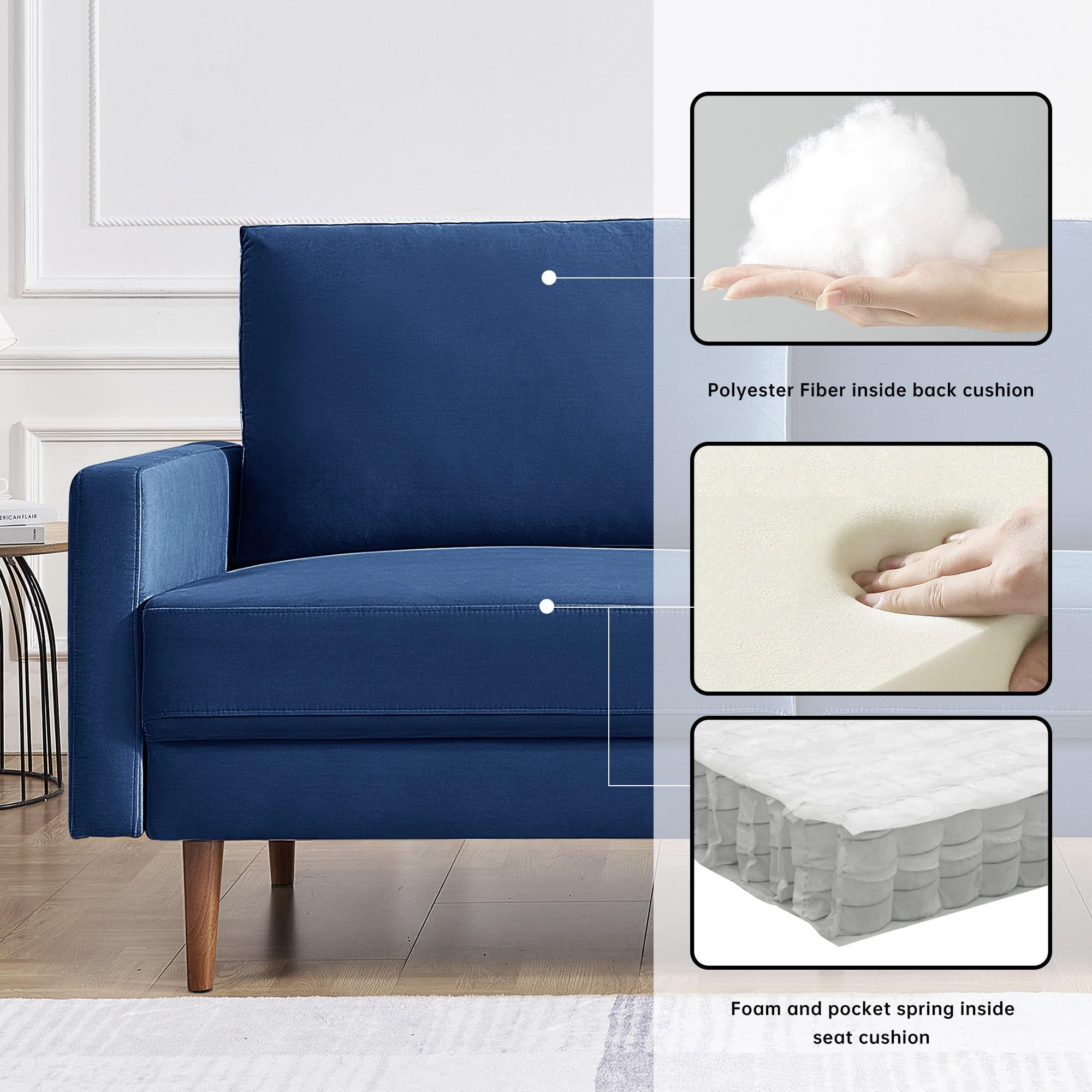 American Furniture Classics Blue 69 Inch Wide Upholstered Two Cushion Sofa with Square Arms Velvet, 69" x 32" x 37"