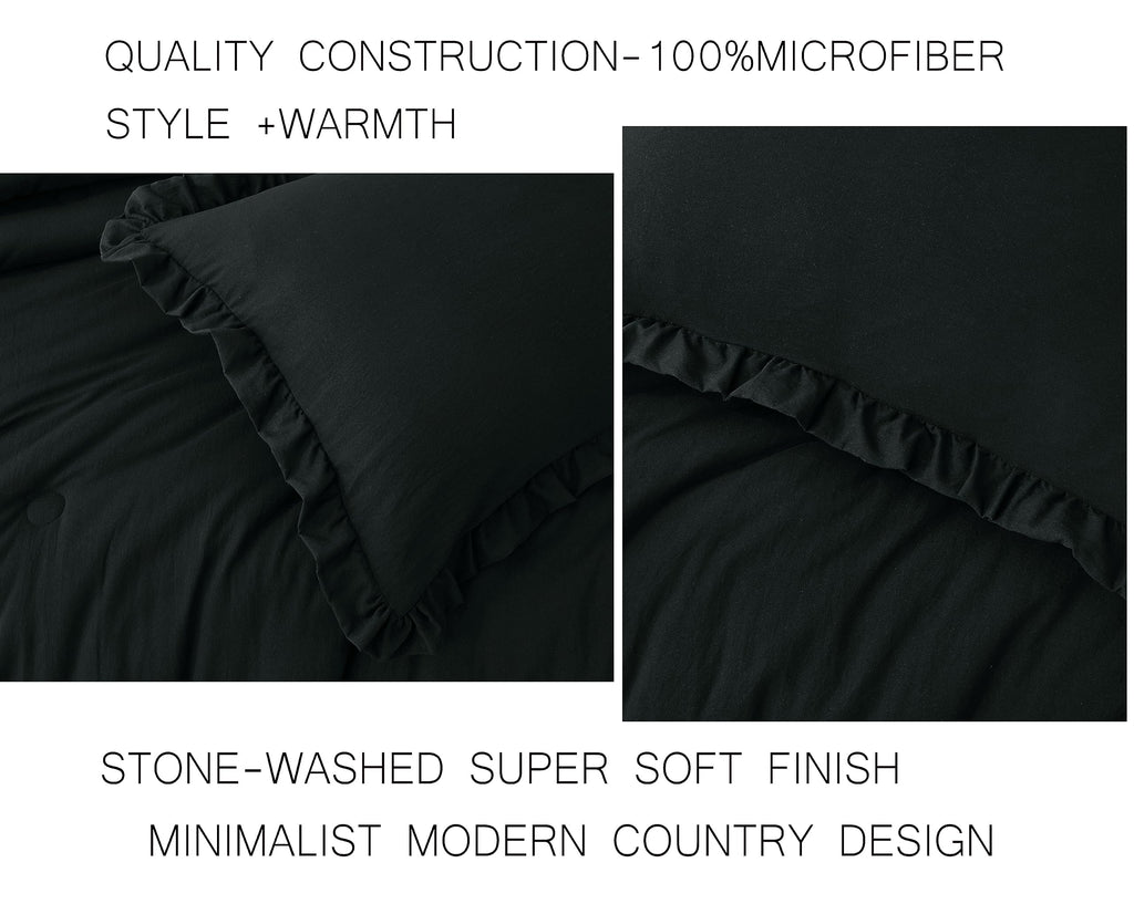Chezmoi Collection Nora Black Comforter Set King Size 3-Piece Fluffy Soft Lightweight Bedding Ruffled Edge Trim Stone-Washed Mic