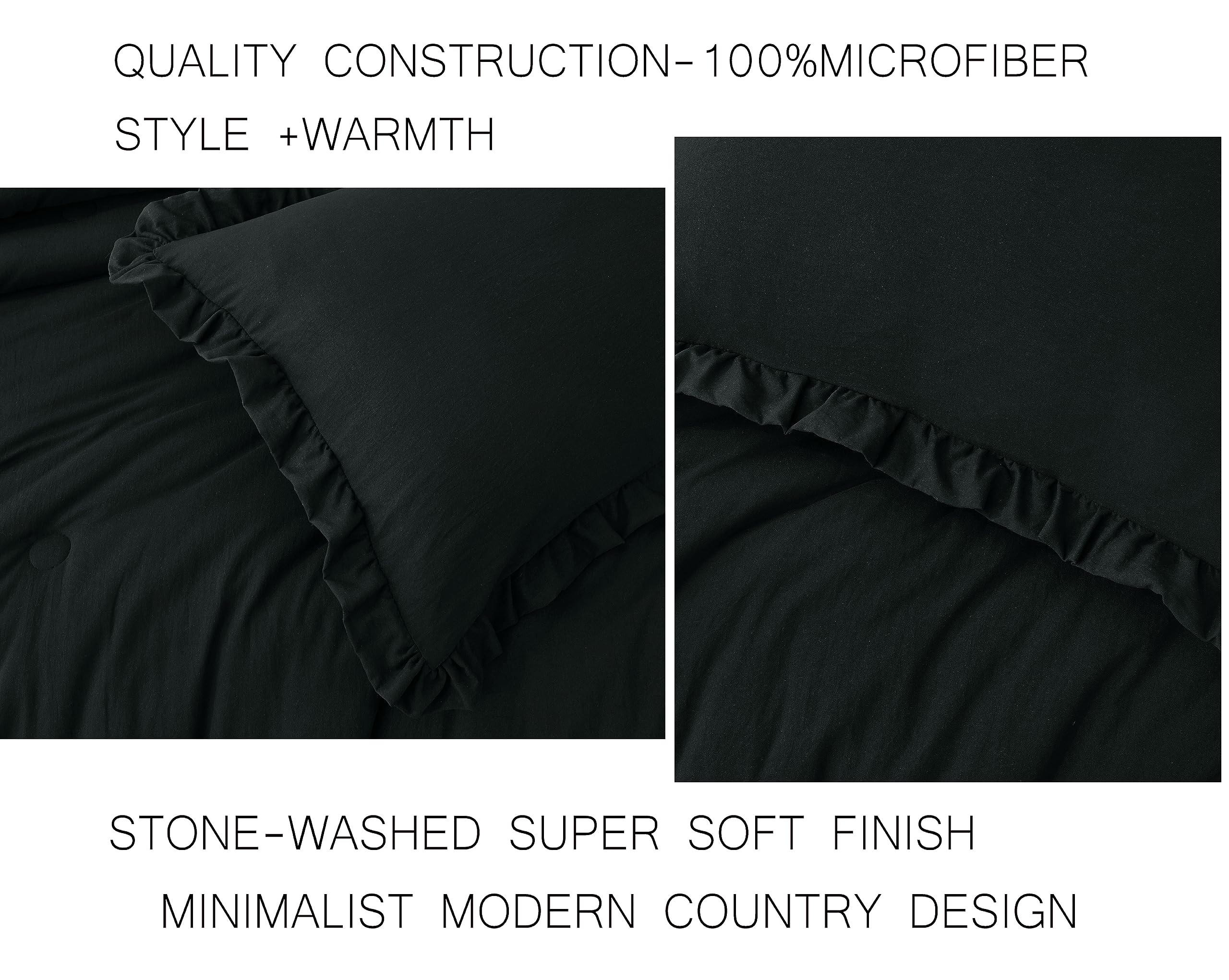Chezmoi Collection Nora Black Comforter Set King Size 3-Piece Fluffy Soft Lightweight Bedding Ruffled Edge Trim Stone-Washed Mic