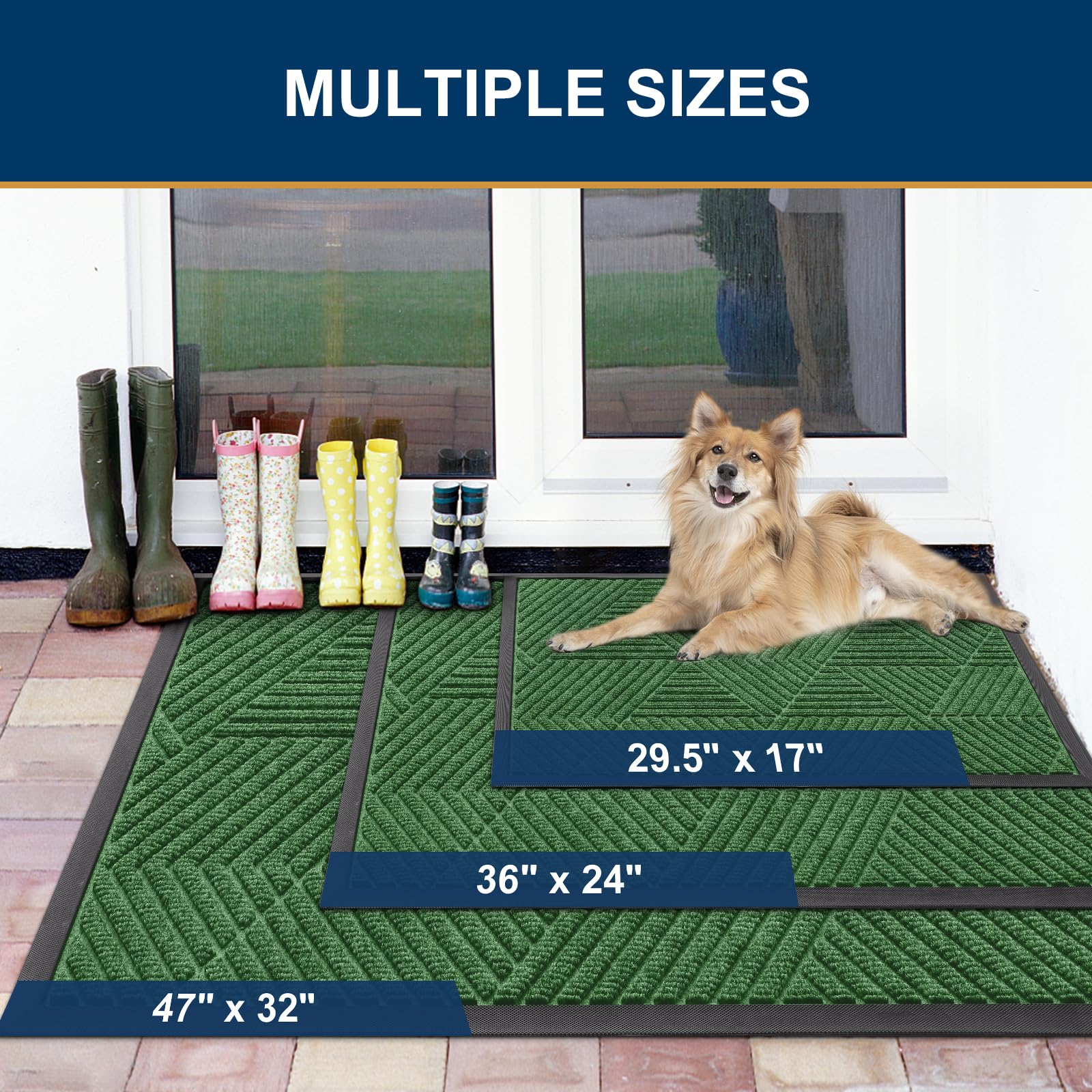 Smiry Front Door Mat Outside Entrance, Heavy Duty Natural Rubber Mat, Sturdy Trap Dirt And Moisture Indoor Outdoor Door Mat, Easy Clean Low Profile Doormat Outdoor Entrance, 36X24 Inch, Green