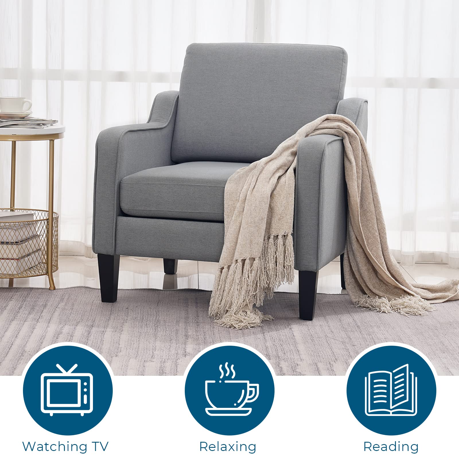 Vingli Mid Century Modern Accent Chair,Light Grey Fabric Chairs For Living Room Upholstered Armchair With Scooped Arms For Bedroom,Apartment,Studio,Office,Waiting Room