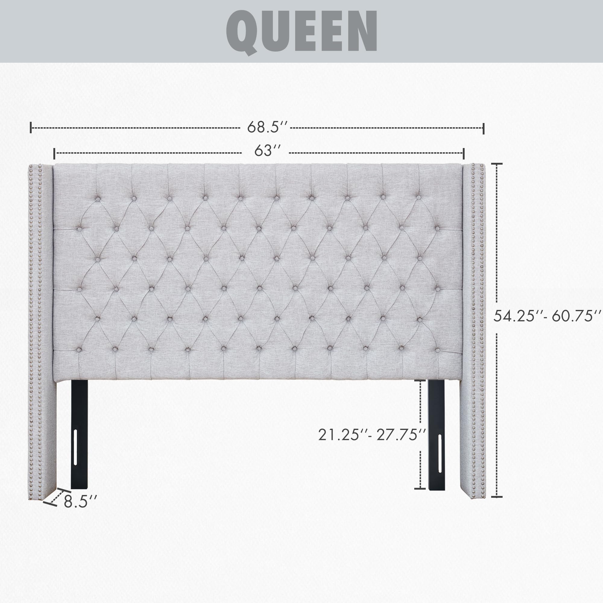 Madison Park Queen Button Tufted Headboard, Adjustable Upholstered Transitional Wingback Headboard, Nailhead Trim, Wooden Frame, Black Metal Legs, Flush Flat Back, Vintage Bedroom Décor Amelia - Grey