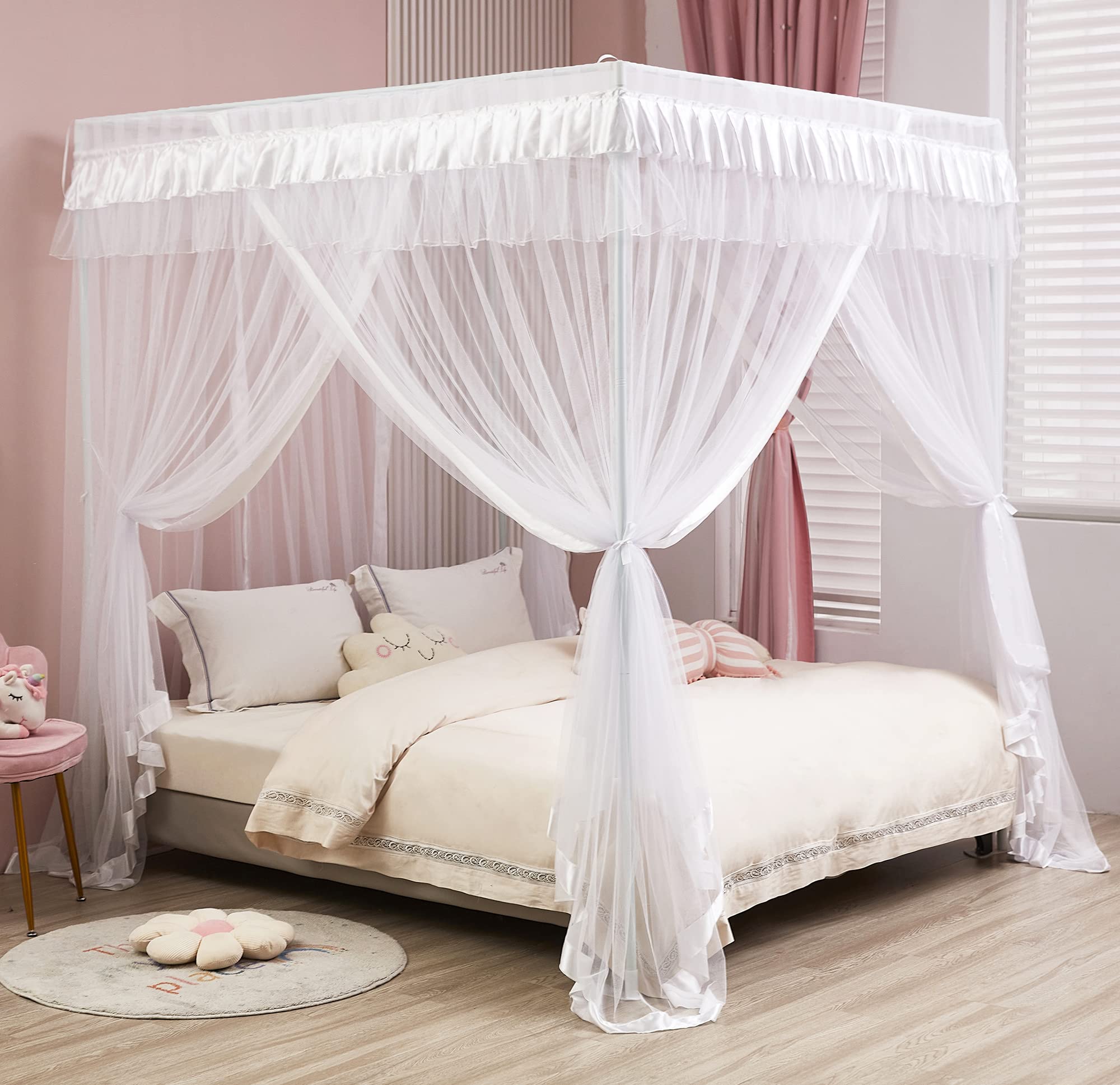 Mengersi Queen Size 4 Corners Post Canopy Bed Curtains Polyester White Princess Bedroom Decoration