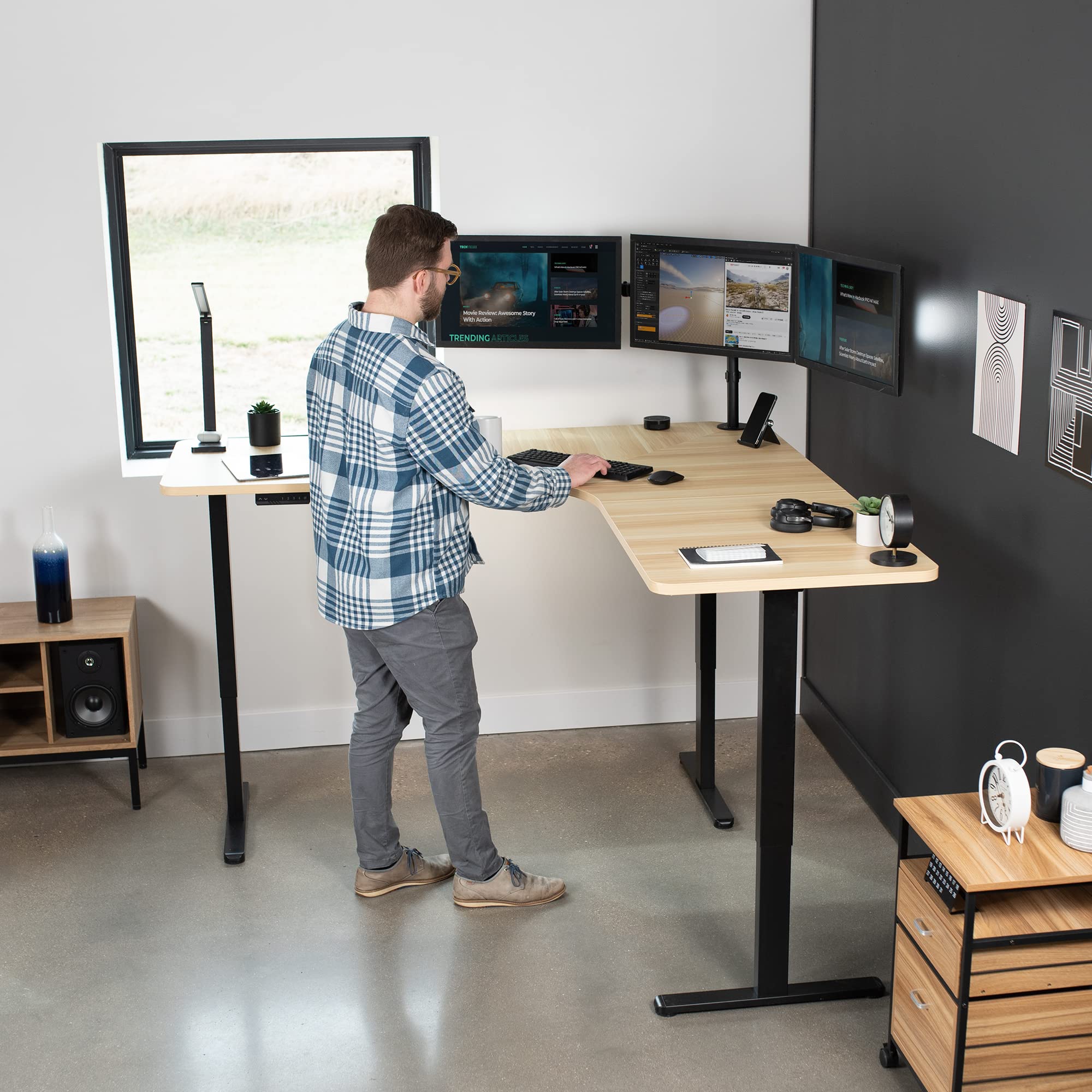 Vivo Electric Height Adjustable 71 X 71 Inch Curved Corner Stand Up Desk, Light Wood Table Top, Black Frame, Memory Controller, L-Shaped Workstation, E3C Series, Desk-Kit-E3Cbc