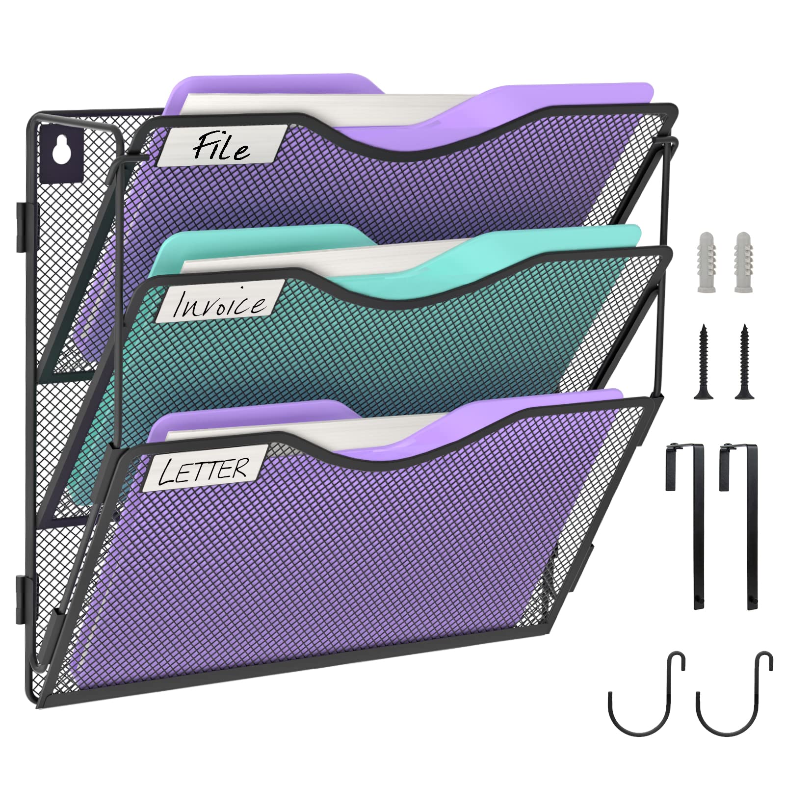 Bohdk 3 Pocket Mesh Hanging Wall File Organizer, Wall Mounted Mail Paper Document Folder Holder, Foldable File Folder Organizer