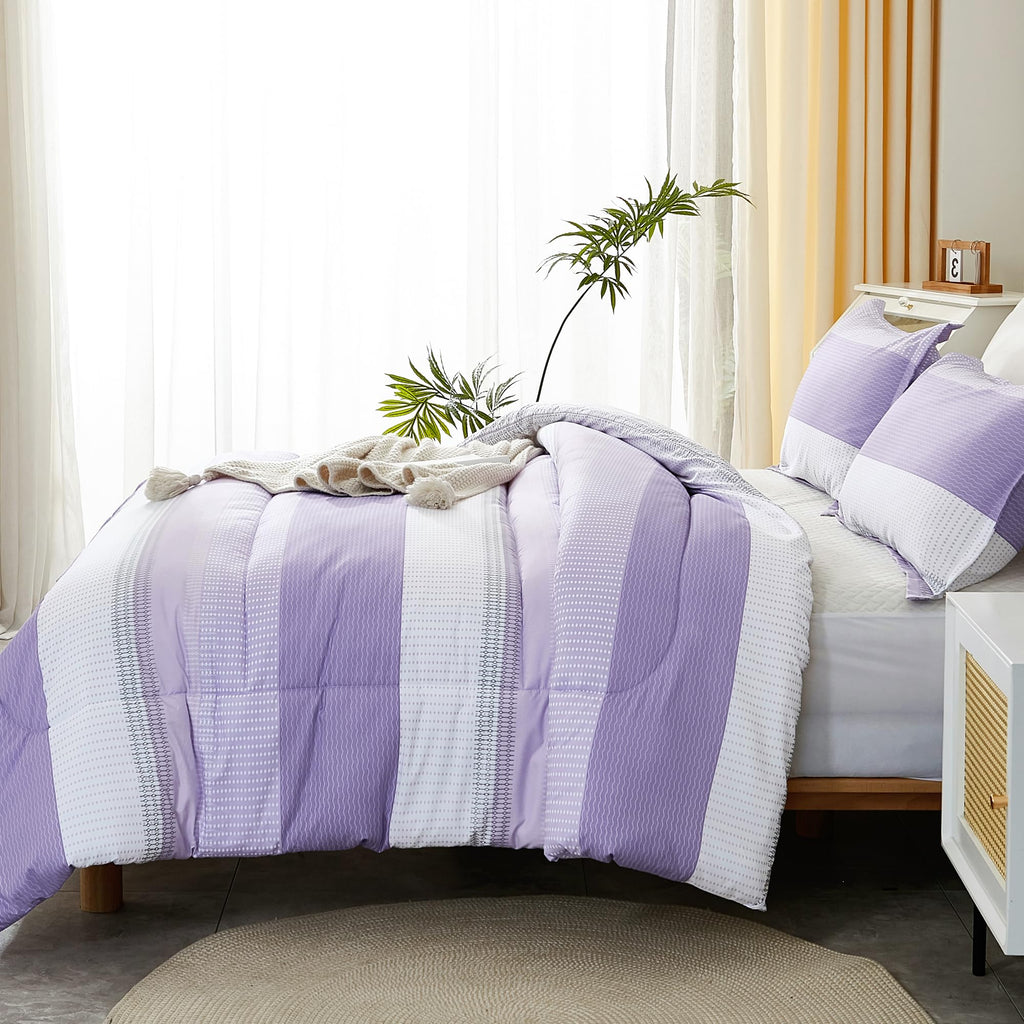 Litanika Lavender Comforter Set King - 3 Pieces Lightweight Lavender Purple White Colorblock Stripe Fluffy Bedding Comforter Set
