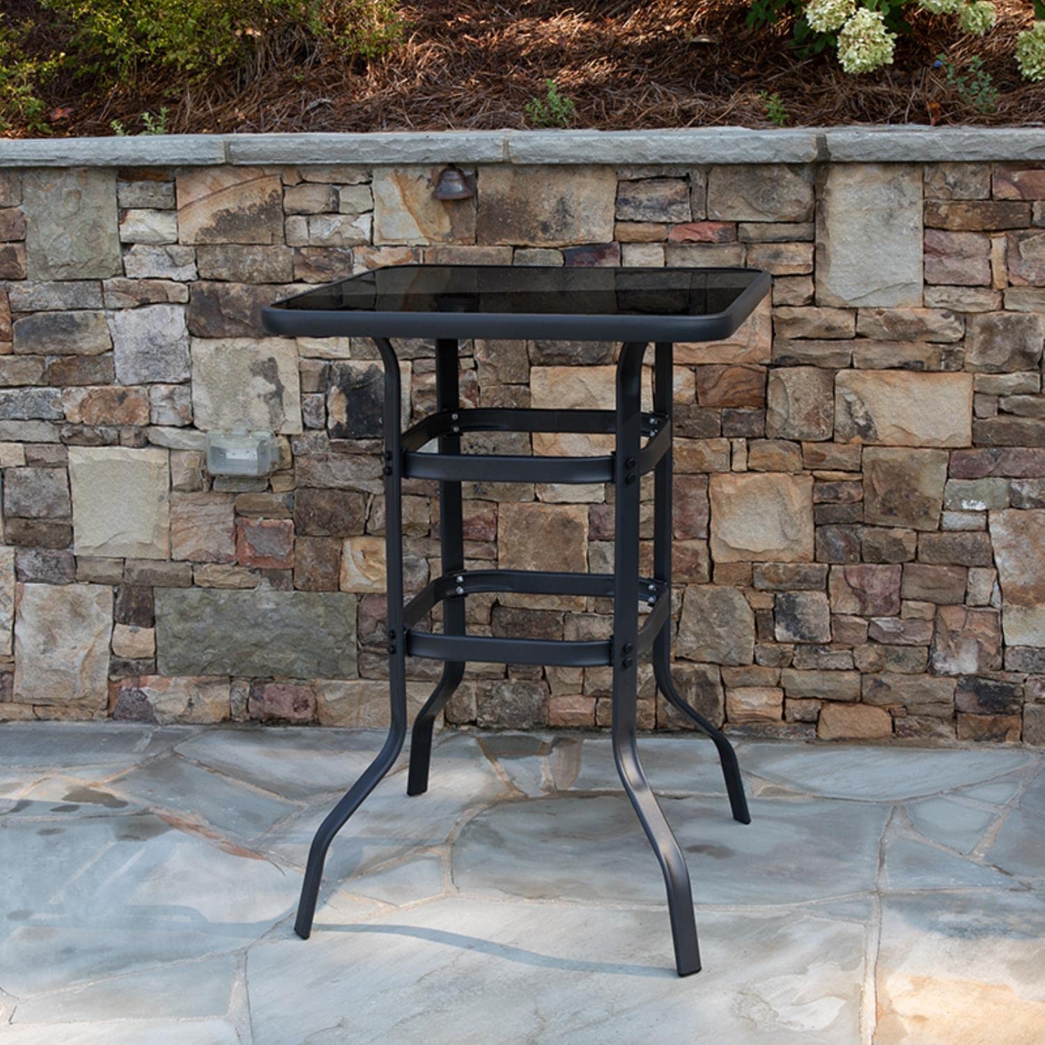 Flash Furniture Barker 27.5" Square Black Tempered Glass Bar Height Metal Patio Bar Table