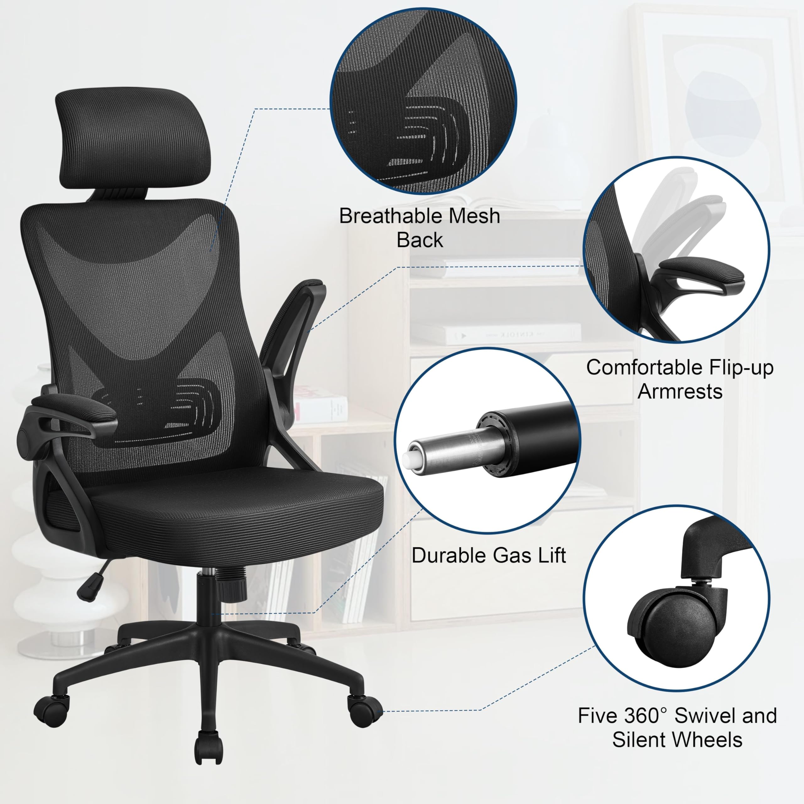 Yaheetech Ergonomic Office Chair with Headrest, Flip-up Armrests, Lumbar Support, 25.5D x 25W x 52H in, Black, Model YT