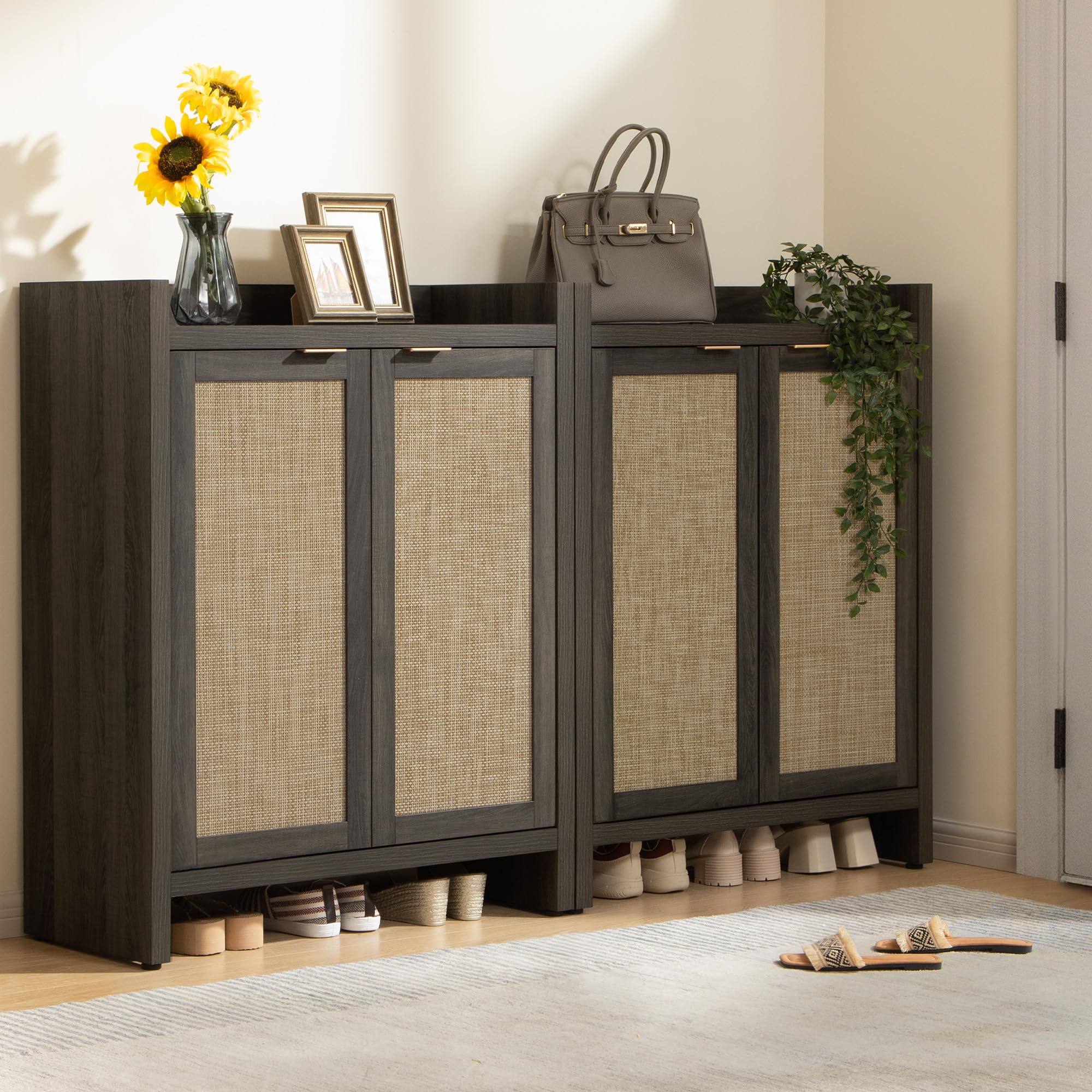 SICOTAS Shoe Cabinet Set of 2, Large Capacity Shoe Storage Organizer Cabinet, Tall Rattan Shoe Cabinet with Doors and Shelves, 6