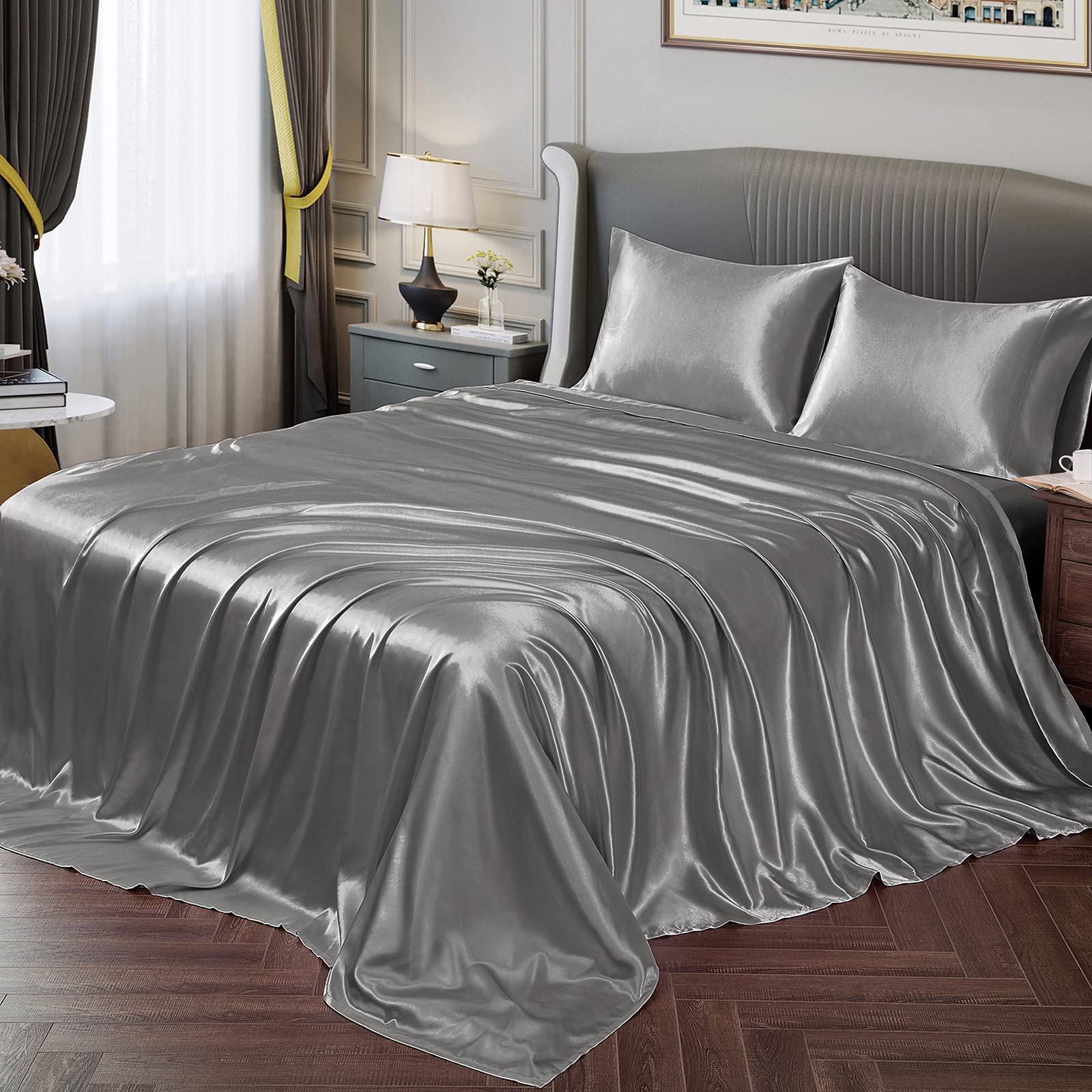 Vonty Satin Sheets Twin Silky Soft Satin Bed Sheets Misty Gray Satin Sheet Set, 1 Deep Pocket Fitted Sheet + 1 Flat Sheet + 1 Pi
