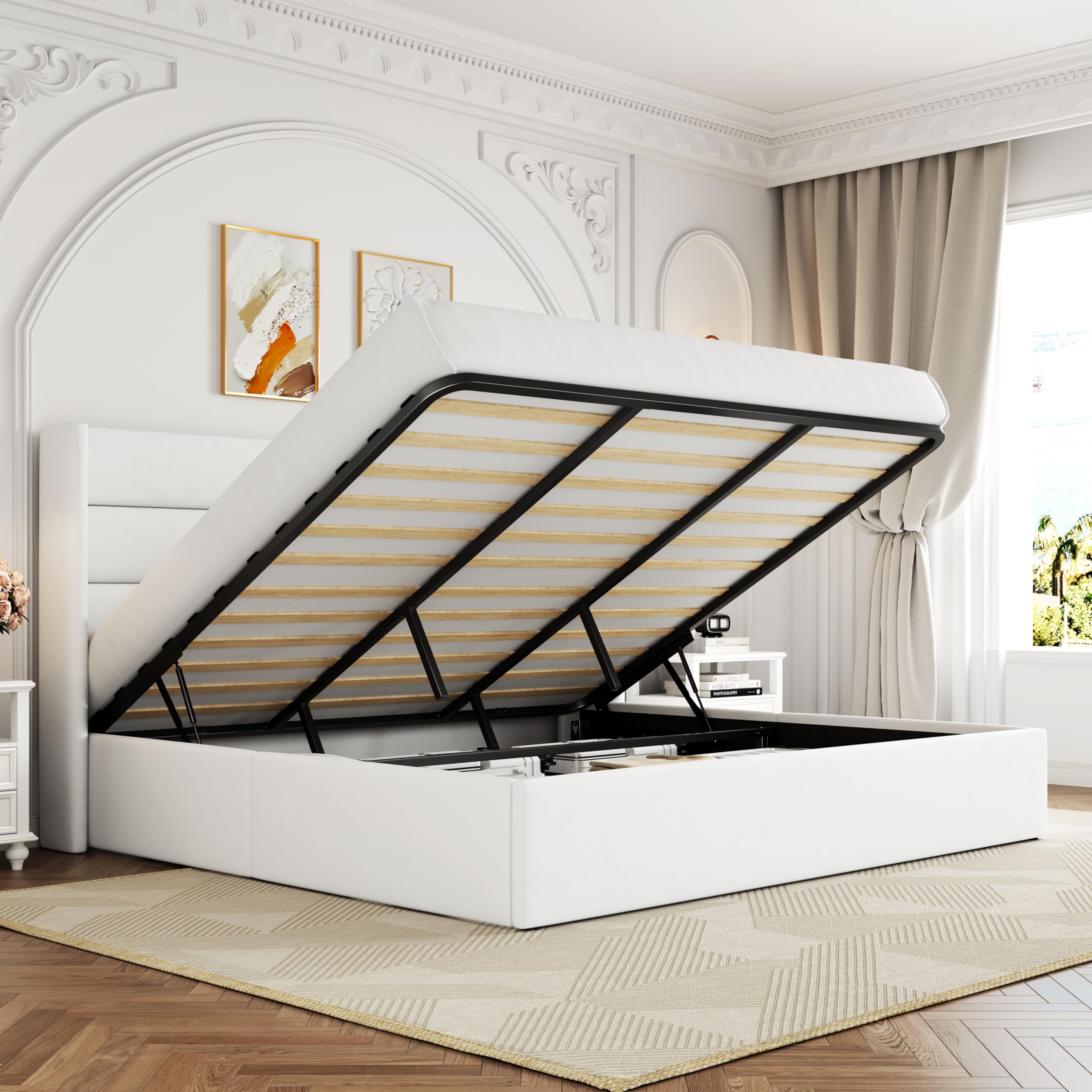 Allewie King Size Velvet Lift Up Storage Bed, Modern Wingback Headboard, Hydraulic Support, No Box Spring Needed, White