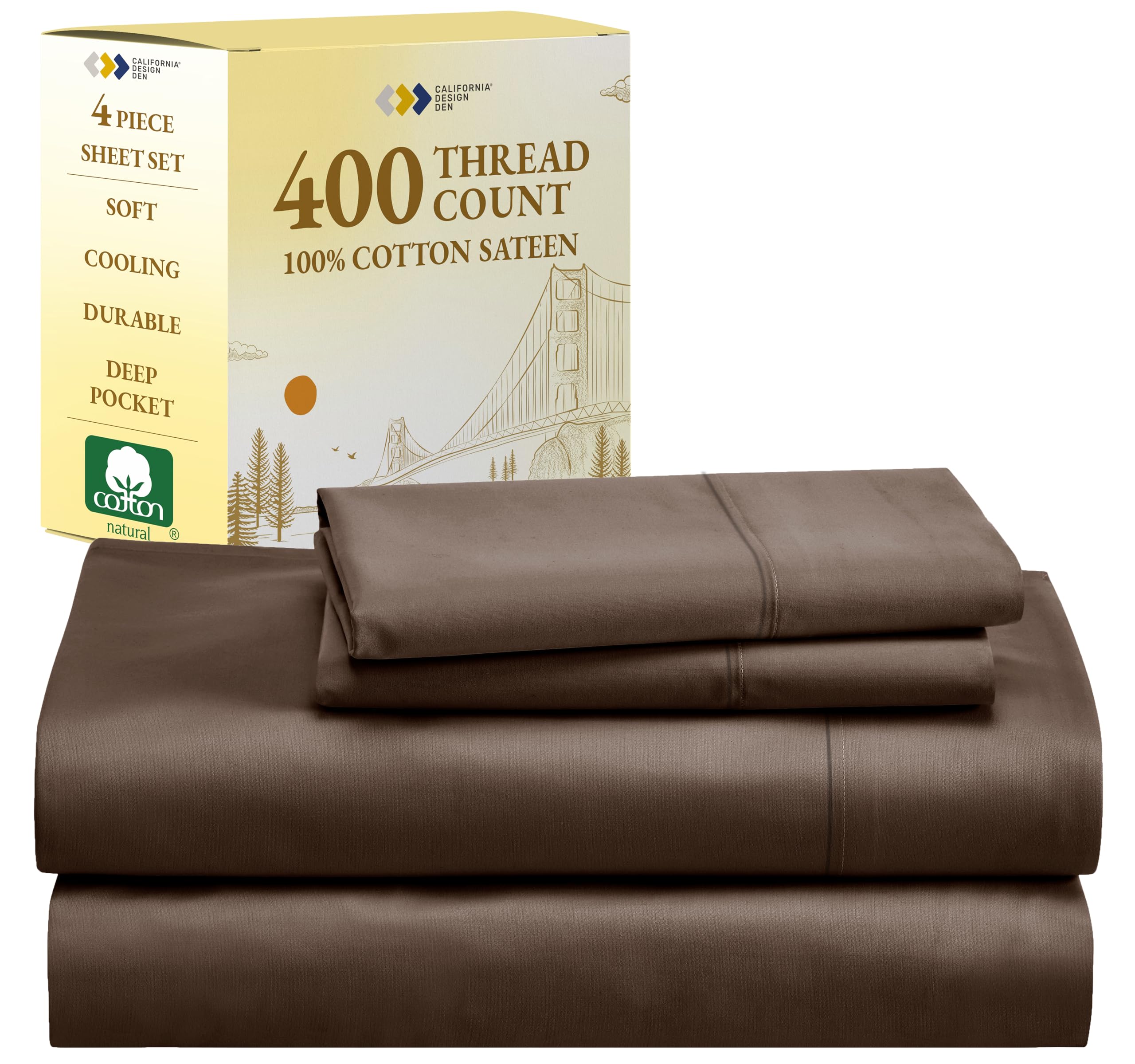 California Design Den Brown Full Size Sheet Set, 400 Thread Count 100% Cotton Sateen, Soft & Breathable, Cooling Brown Sheet Set