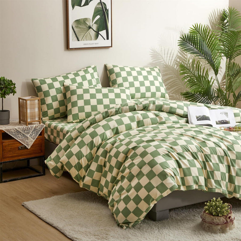 Clothknow Green White Grid Comforter Set Full 3Pcs Plaid Bedding Comforter Sets Sage Green White Comforter Full Size Soft Geomet