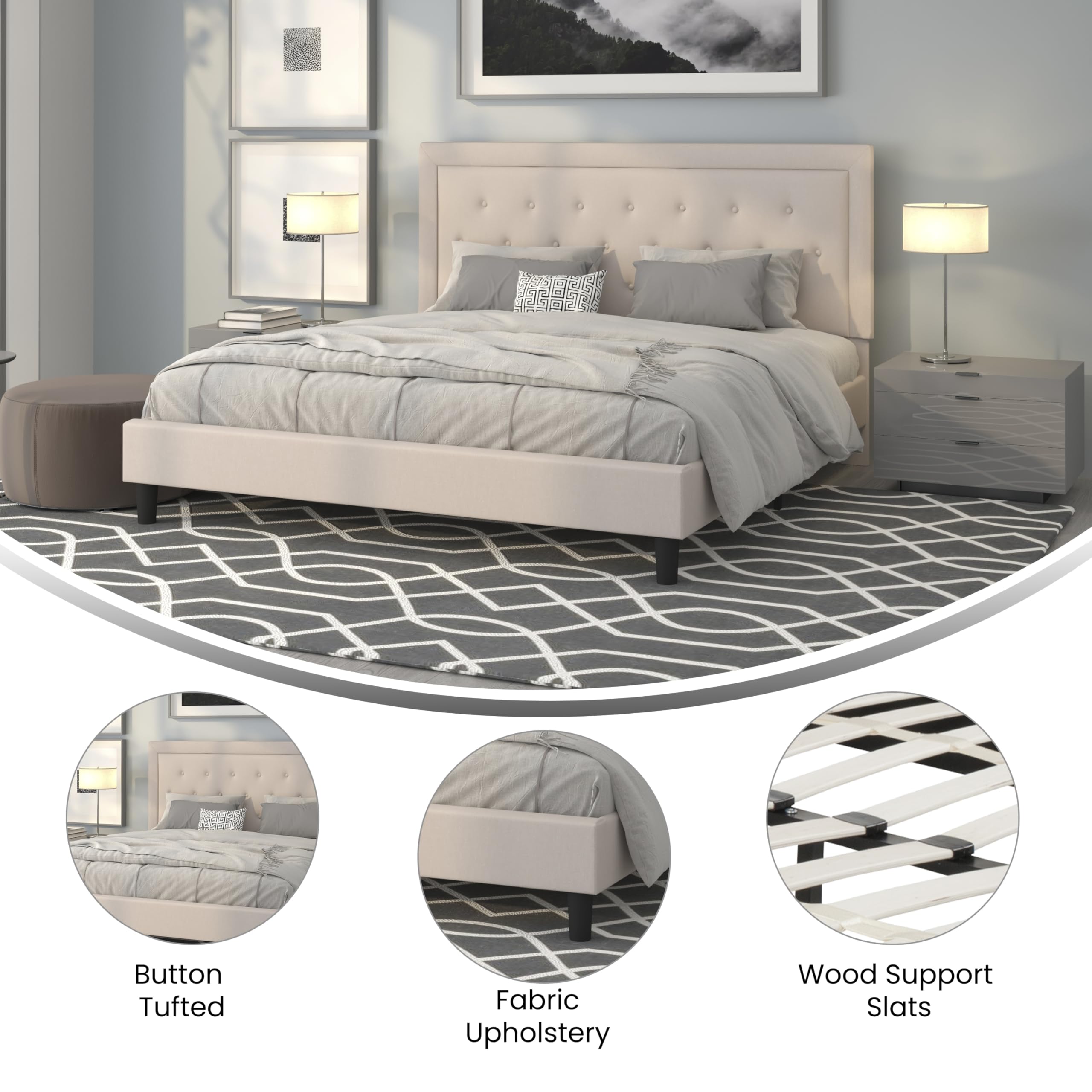 Flash Furniture Roxbury King Size Tufted Upholstered Platform Bed In Beige Fabric