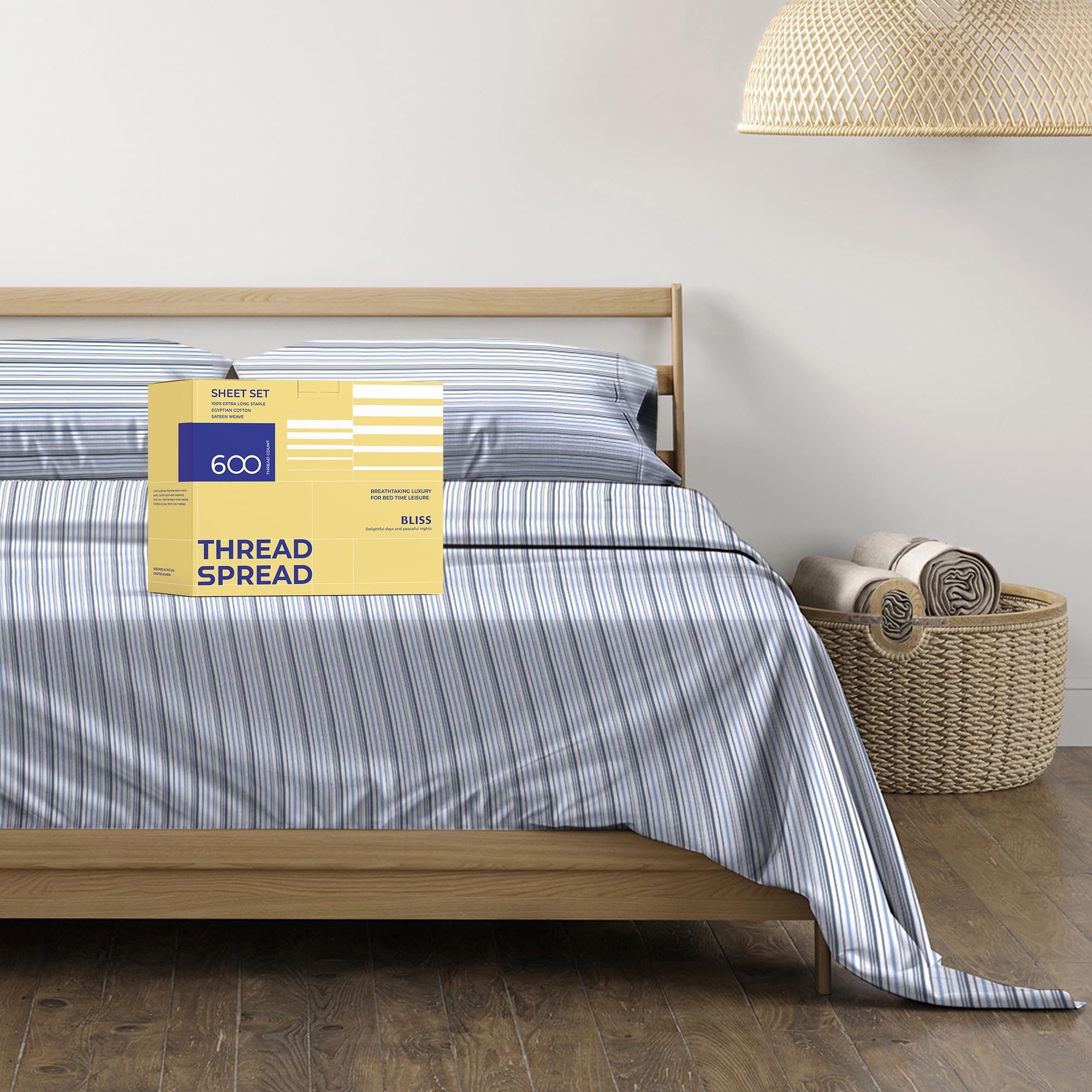 Thread Spread 100% Egyptian Cotton Printed Bed Sheets - 600 Thread Count 4 Pc Full Sheet Set, Hotel Luxury Sateen Bedsheets, 16' Deep Pocket Soft Cooling Sheets For Full Size Bed - Variegated Stripe