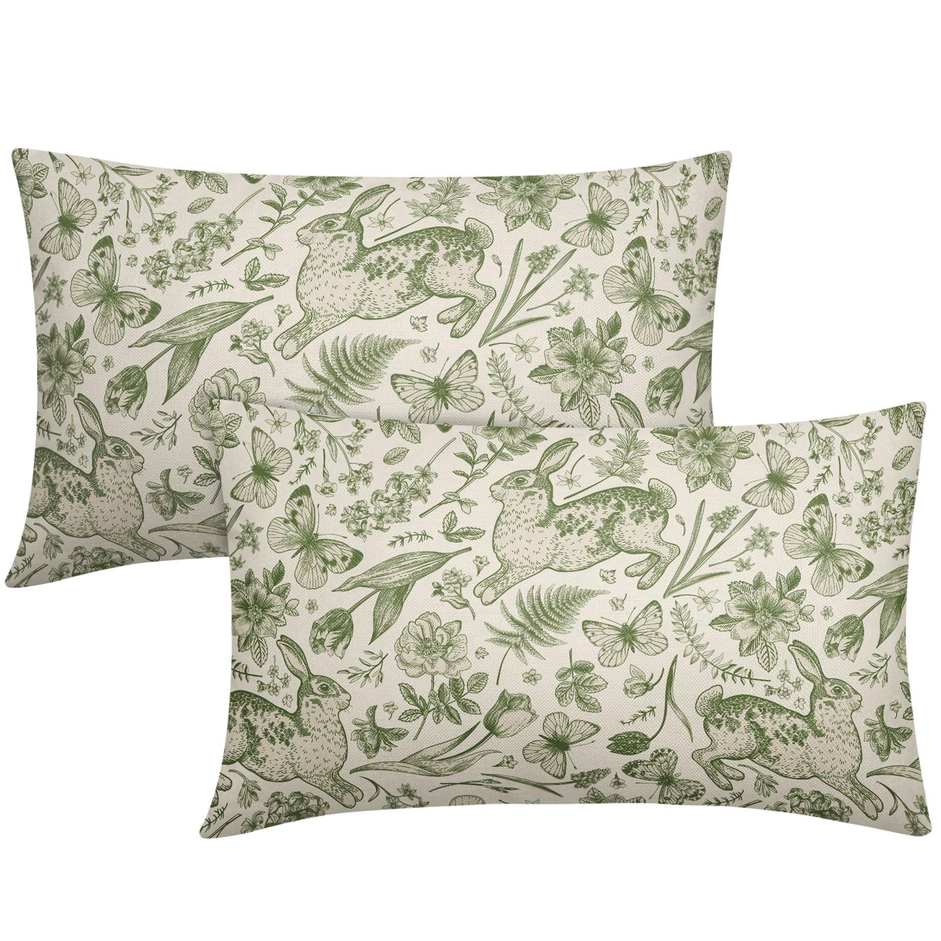 Cozywisper Spring Green Pillow Covers 12X20 Inch Set Of 2 Rabbit Bunny Floral Leaf Butterfly Botanical Plants Print Decorative T