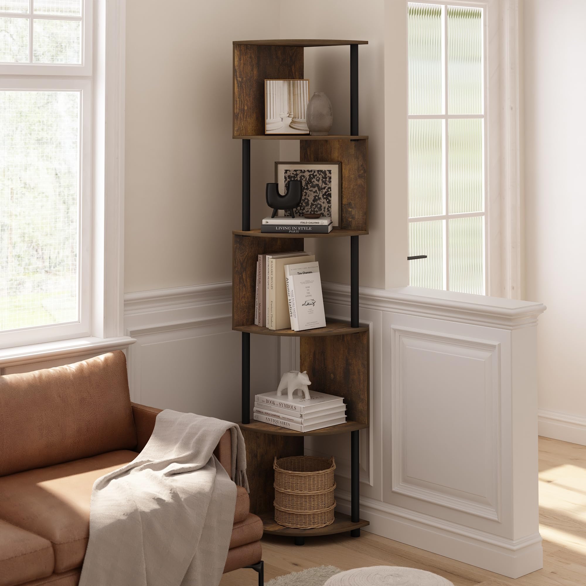 Furinno Econ 5-Tier Zigzag Corner Shelf Bookcase, Bookshelf, Amber Pine/Black
