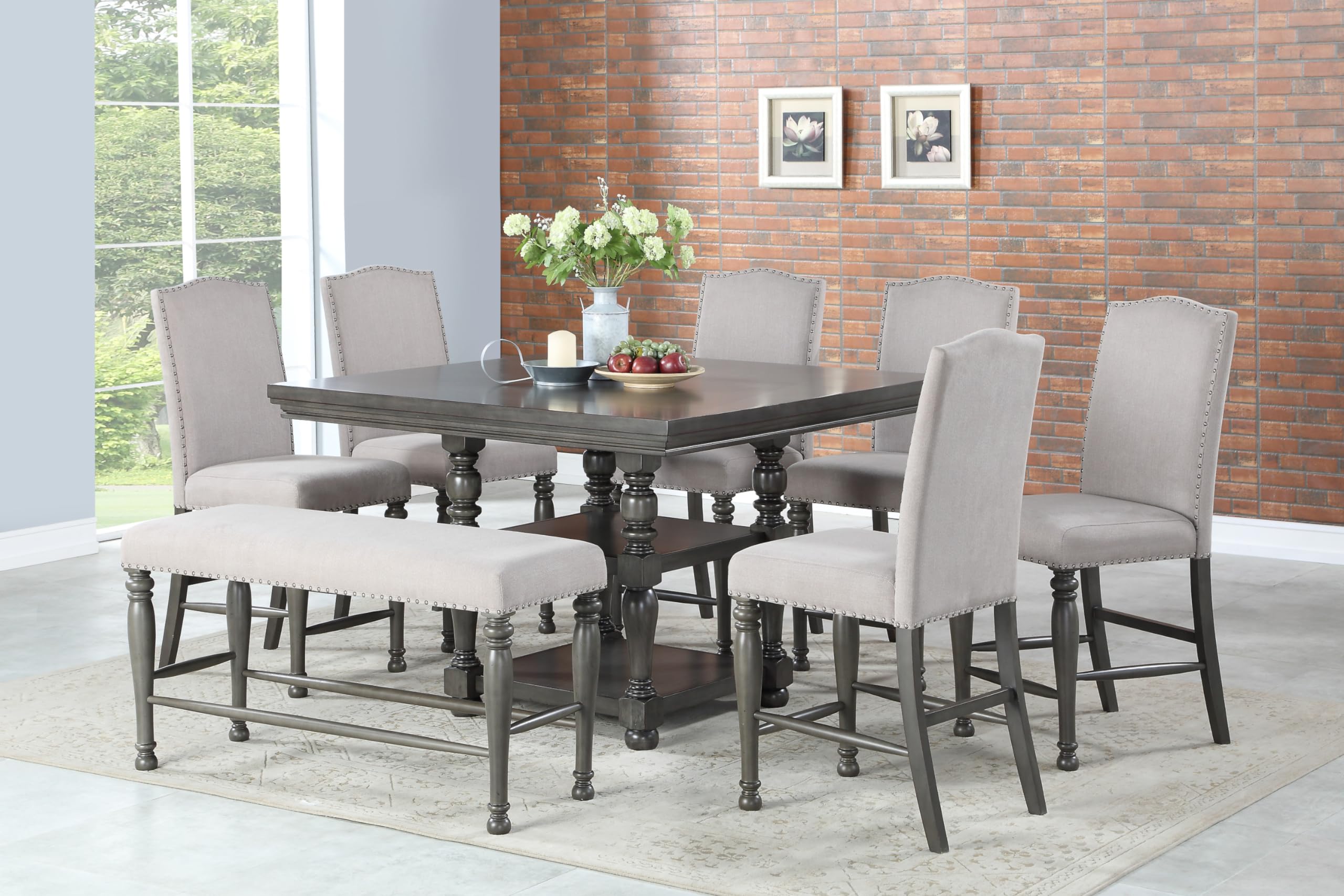 Steve Silver Co Caswell Counter Chair, Set of 2 Chairs, Nailhead Trim, Contemporary Design, Shield Back, Dining Room, Ktichen, Bar, Counter Island, Rubberwood, 100% Polyester, 20"D x 24"W x 45"H, Gray
