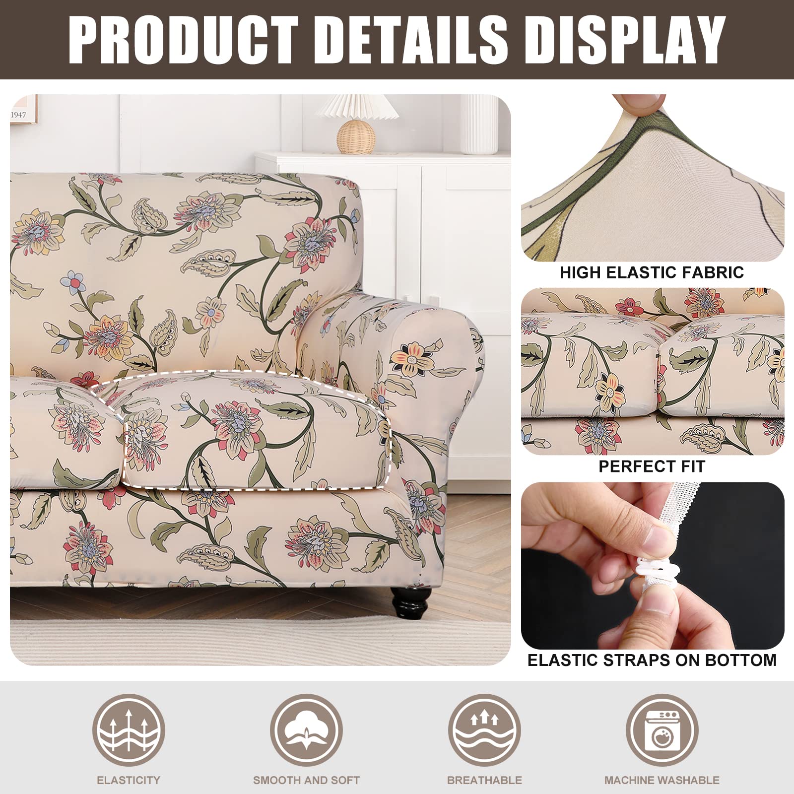 SearchI Loveseat Sofa Cover Floral Pattern Polyester Spandex Yellow