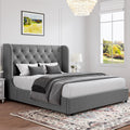 HOMBCK Full Size Bed Frame, Grey Upholstered Platform Bed Frame with Headboard, Velvet Tufted, Curved Wingback Design, Wooden Sl