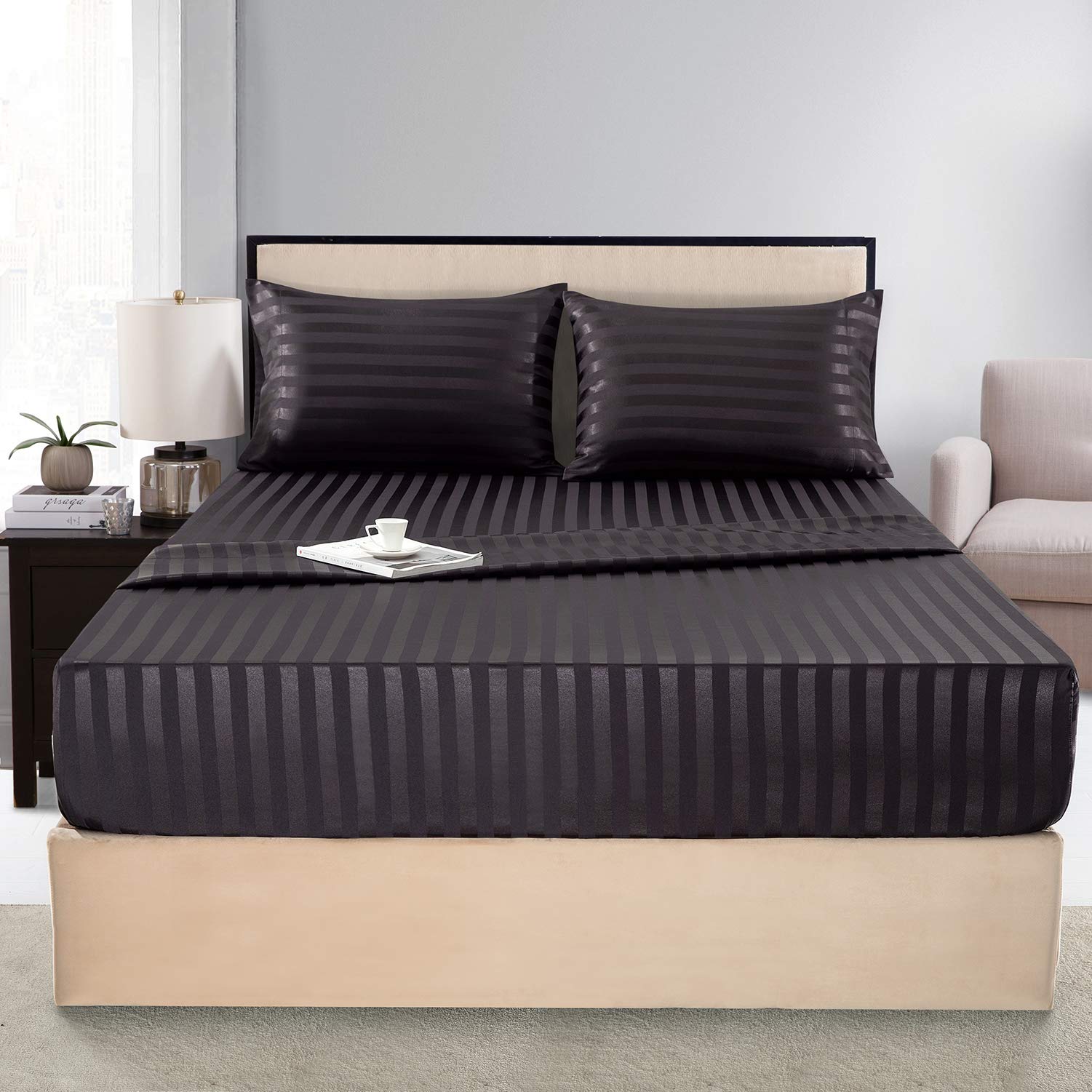 Satin-Silk Sheets Twin Size Bed Set, Black Soft Cooling Deep Pocket Sheets, Hypoallergenic, Wrinkle And Fade Resistant Bedding S
