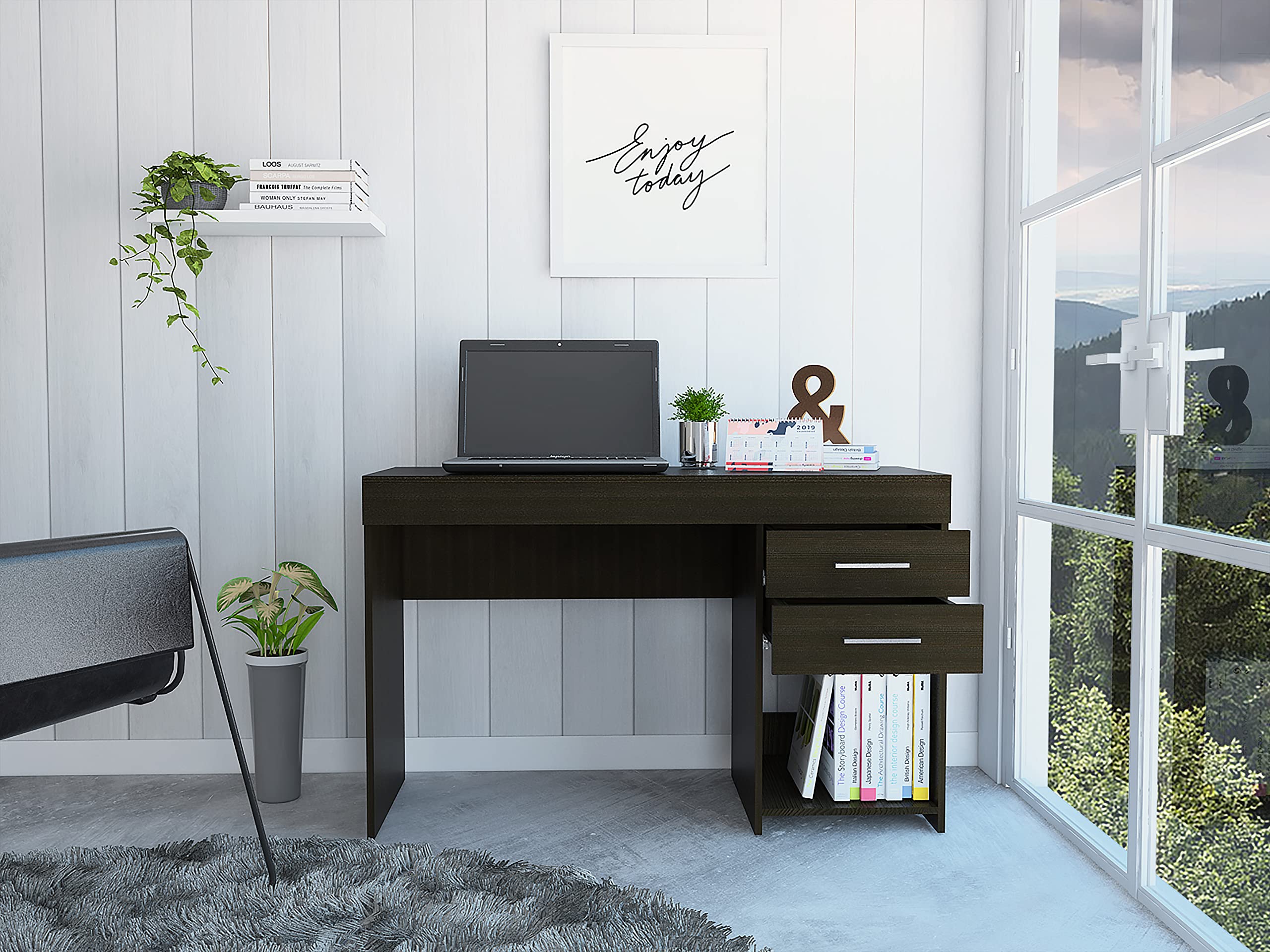 Austin Computer Desk with 2 Drawers, 1 Open Shelf, and Metal Handles, Black