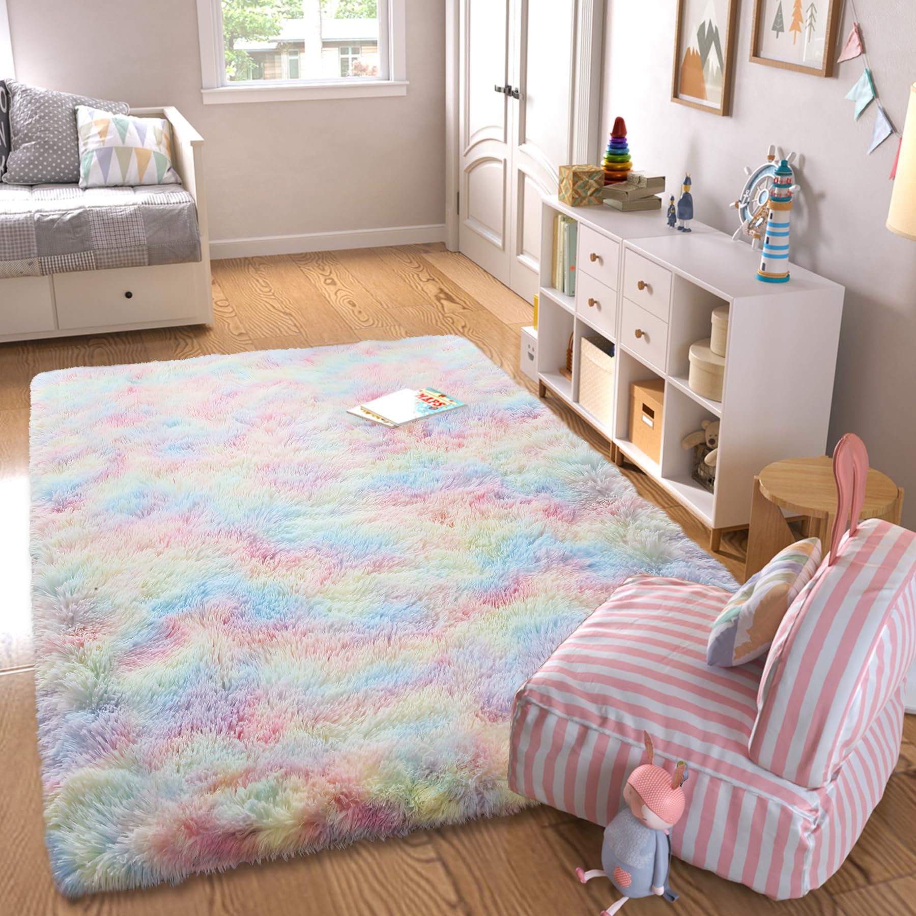 Kchowua Unicorn Fluffy Fuzzy Rugs For Girls Bedroom,3X5 Machine Washable Non Slip Pastel Shag Shaggy Cute Rug For Living Room, P