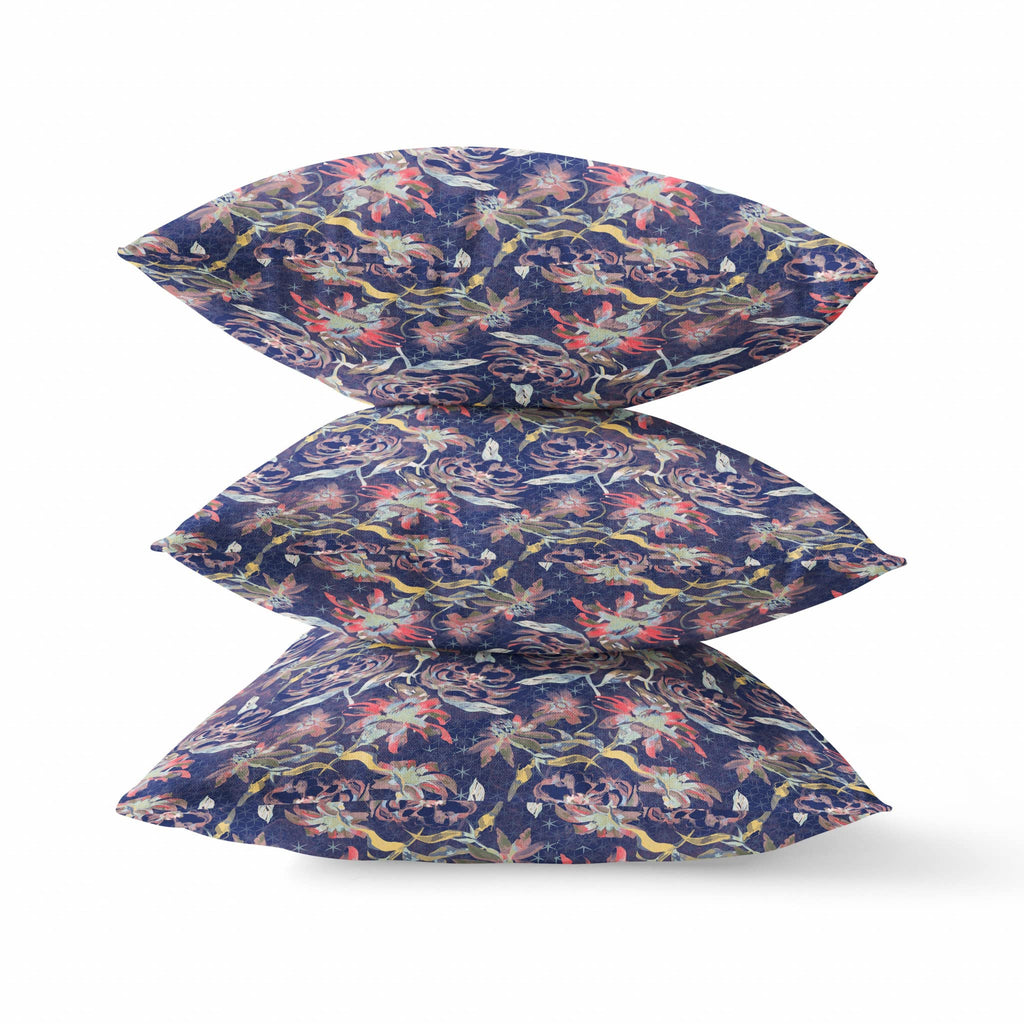 HomeRoots Red Blue Gold 20' Midnight Blue Roses Zippered Suede Throw Pillow