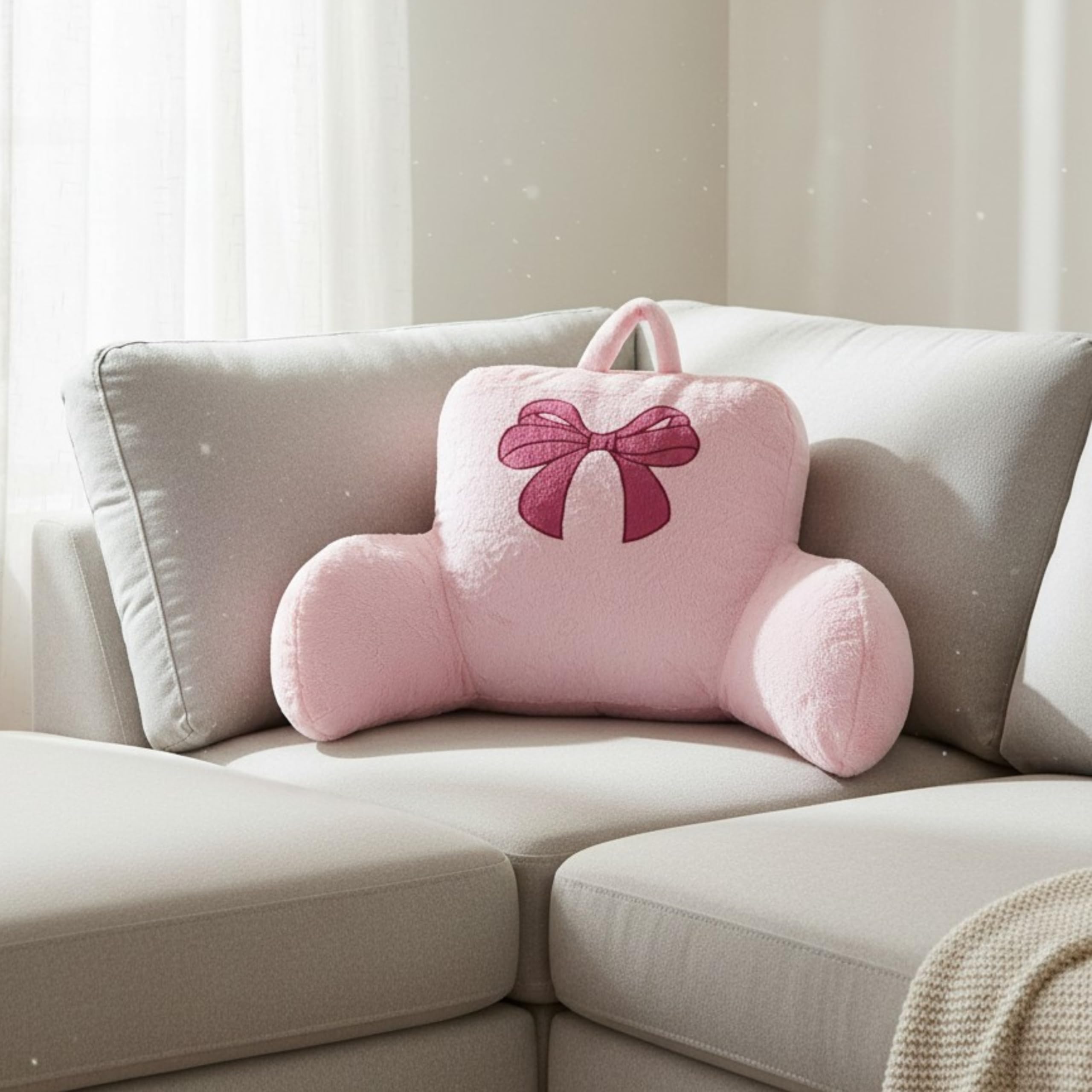 Bow Backrest Pillow Bow Reading Pillow with Pink Bow Design - Soft Plush Fabric Pillow with Armrests for Bed, Couch, Dorm or Lou
