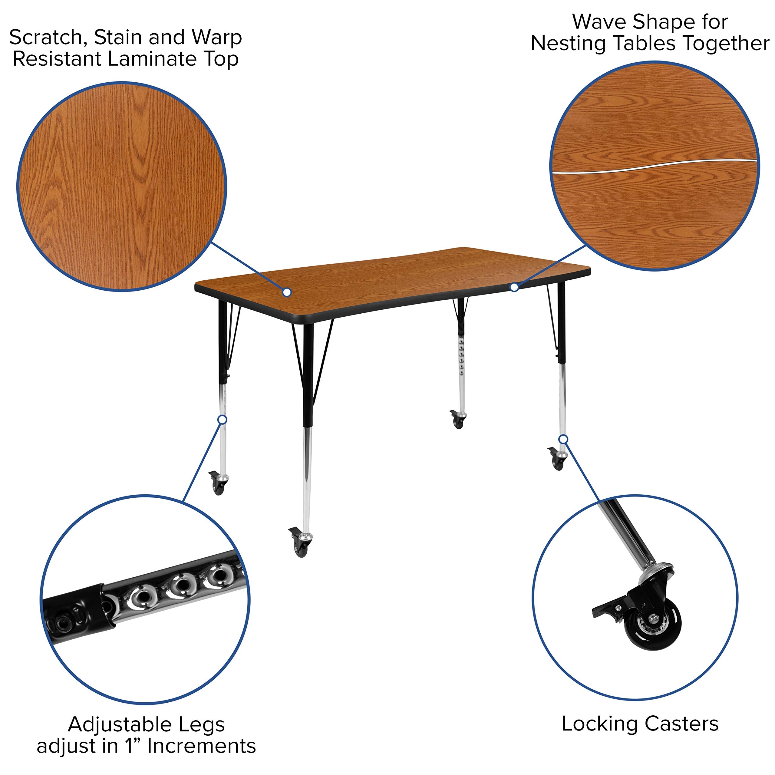 Flash Furniture Mobile 28"W X 47.5"L Rectangular Wave Collaborative Oak Thermal Laminate Activity Table - Standard Height Adjustable Legs