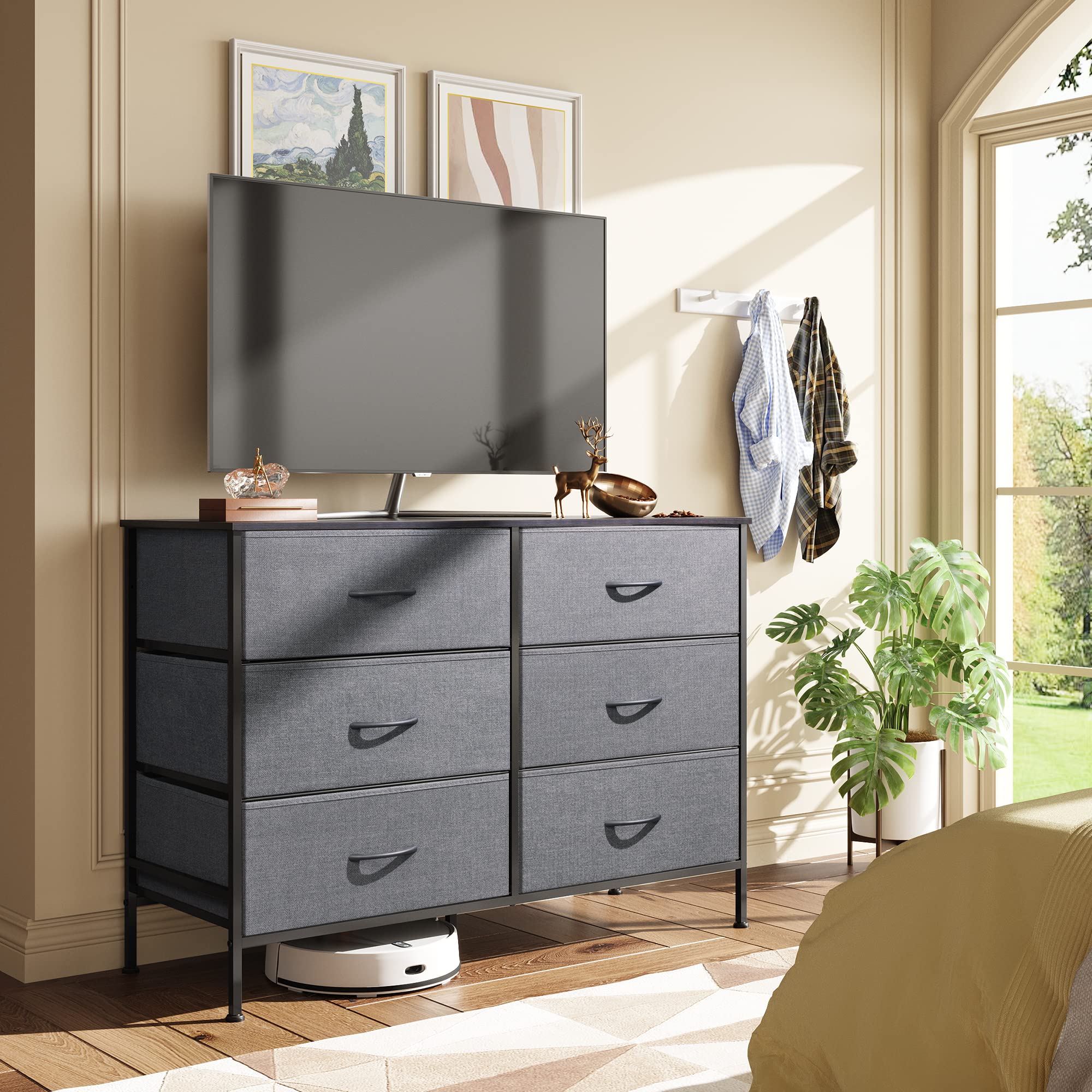 Wlive Dresser For Bedroom With 6 Drawers, Wide Fabric Dresser Tv Stand For 50 Inches Tv, With Metal Frame, Wooden Top, Fabric Storage Dresser For Bedroom, Hallway,Dark Gray