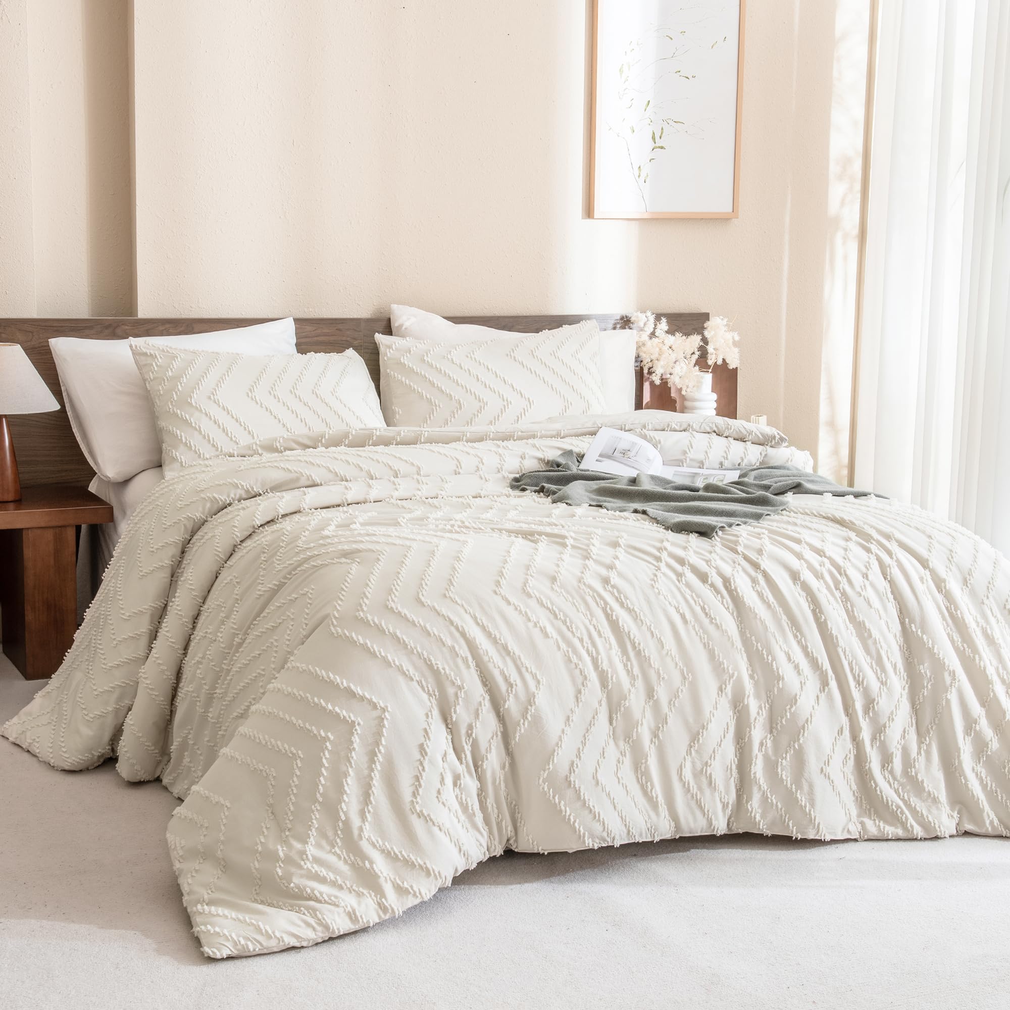 Andency King Size Comforter Set Beige, Boho Cream Soft Warm Tufted Neutral Bedding Comforter Sets For King Size Bed, 3 Pieces Aesthetic Chevron Farmhouse Cute Bohemian Textured Bedding Set