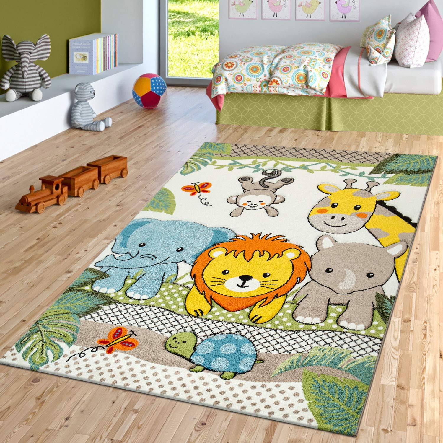 Kids Room Rug Cute Zoo Animals Jungle Lion And Elephants In 3D Effect Colorful, Size: 6'7' X 9'6'