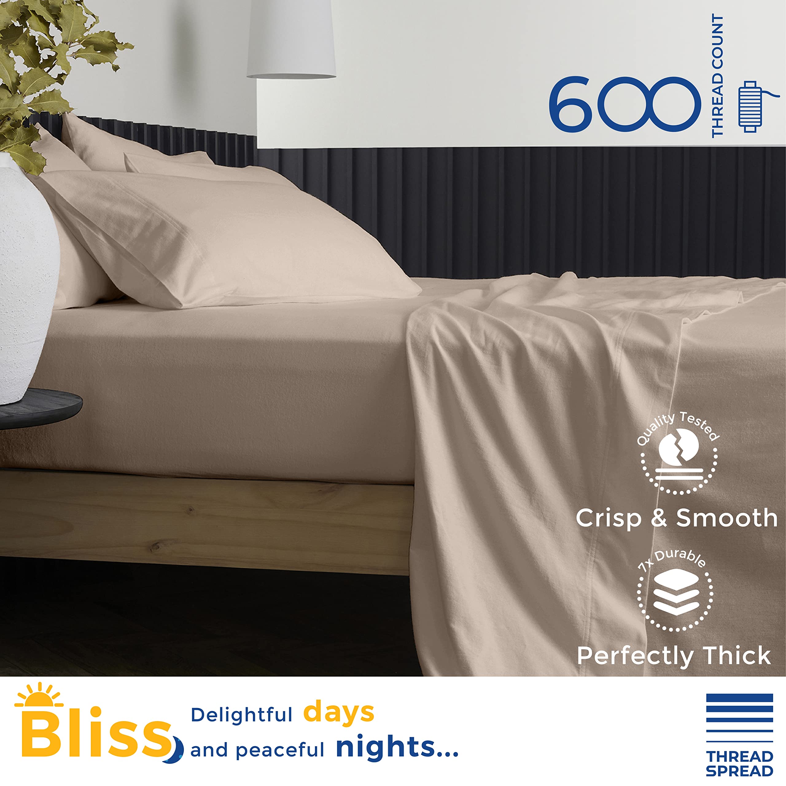 Thread Spread Luxury Sheets 600 Thread Count - Egyptian Cotton Quality Queen Size Sheet Set - Deep Pocket Fitted Bedding Sheets & Pillowcases - 4 Pc Breathable - Taupe Sheets For Boys & Girls