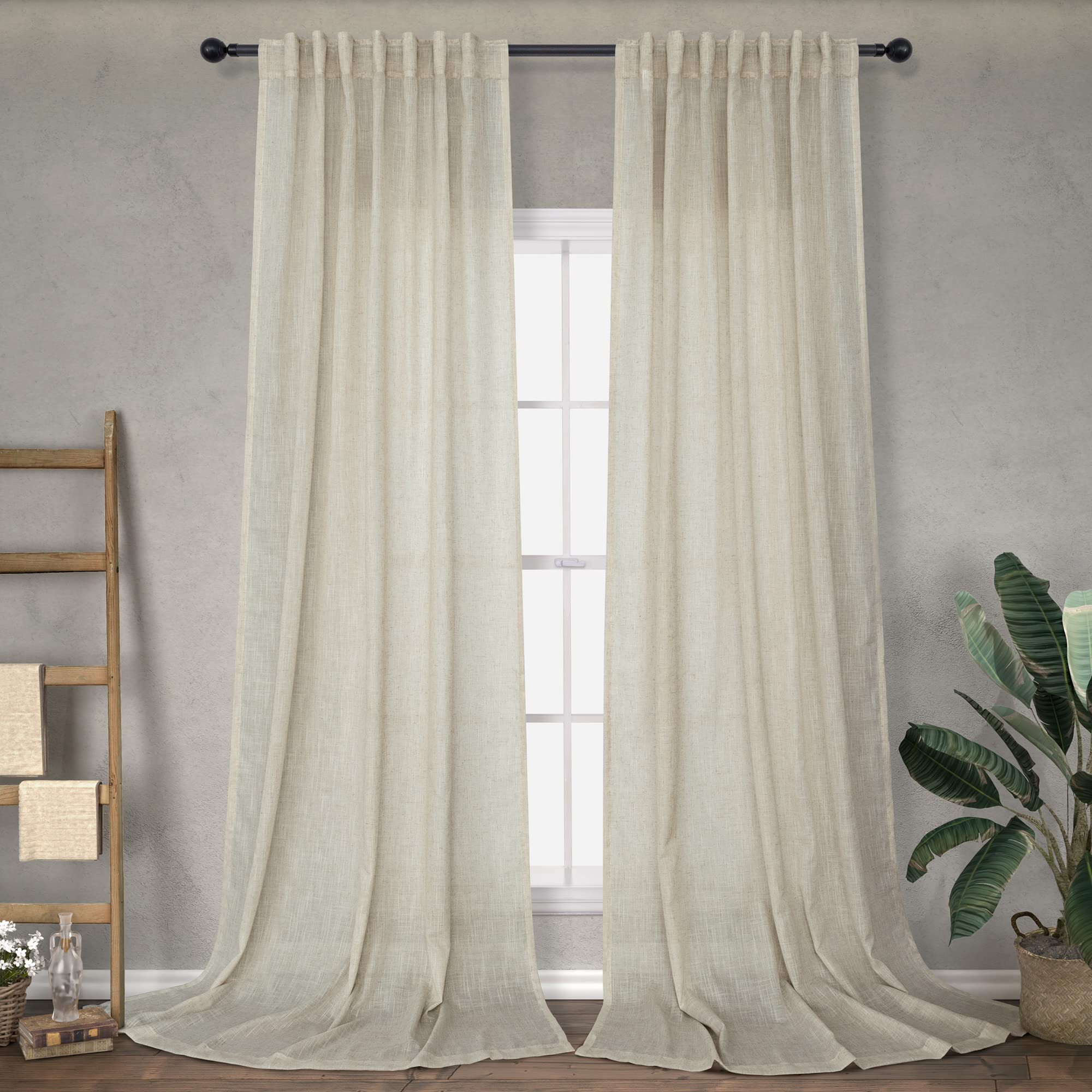 Extra Long Flax Linen Curtains 120 Inch Length For Living Room 2 Panels Set Back Tab Loop Pocket Drape Light Filtering Semi Priv