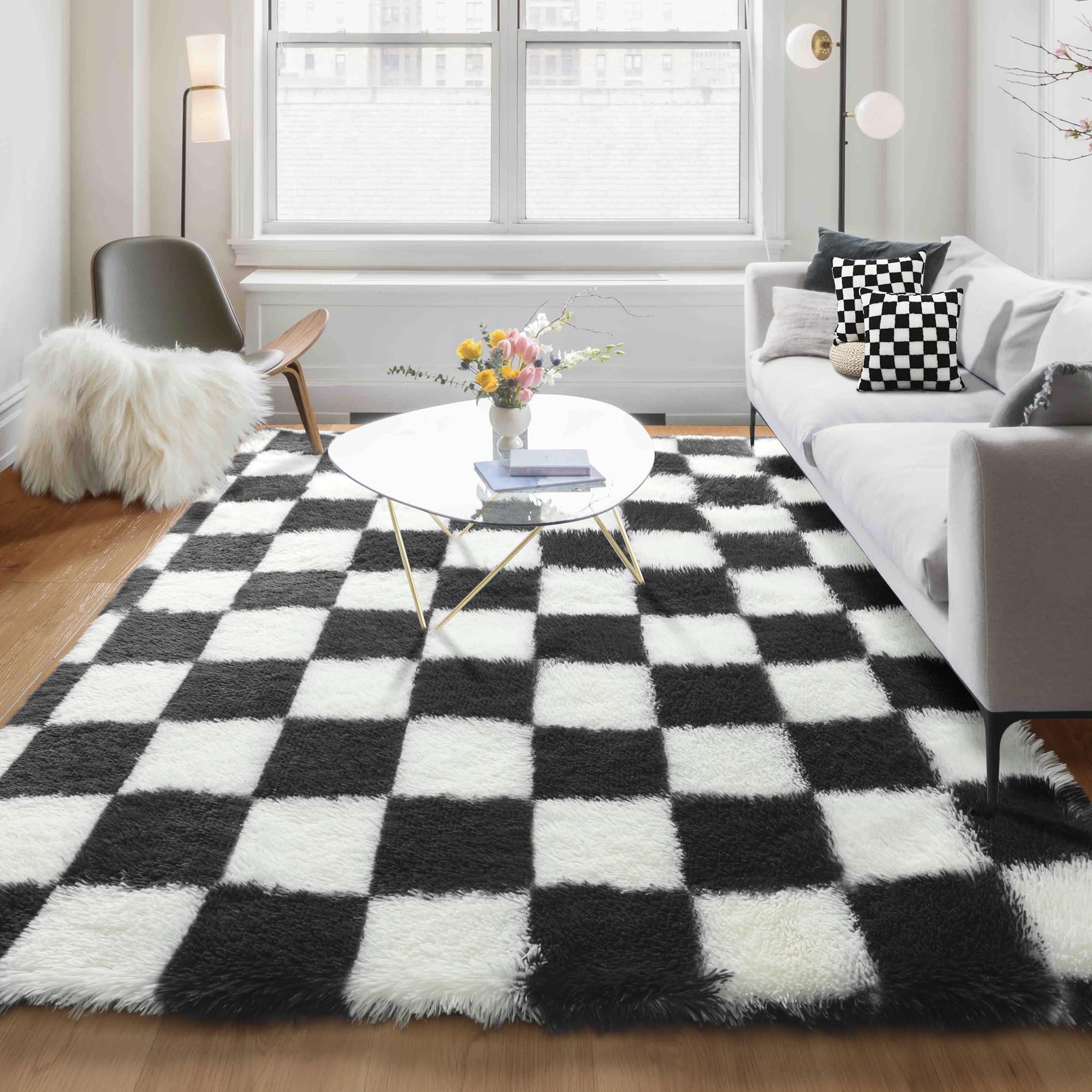 KICMOR 5x8 Area Rug for Living Room, Black and White Fluffy Shag Fuzzy Plush Soft Checkered Rugs for Bedroom, Big Large Shaggy R
