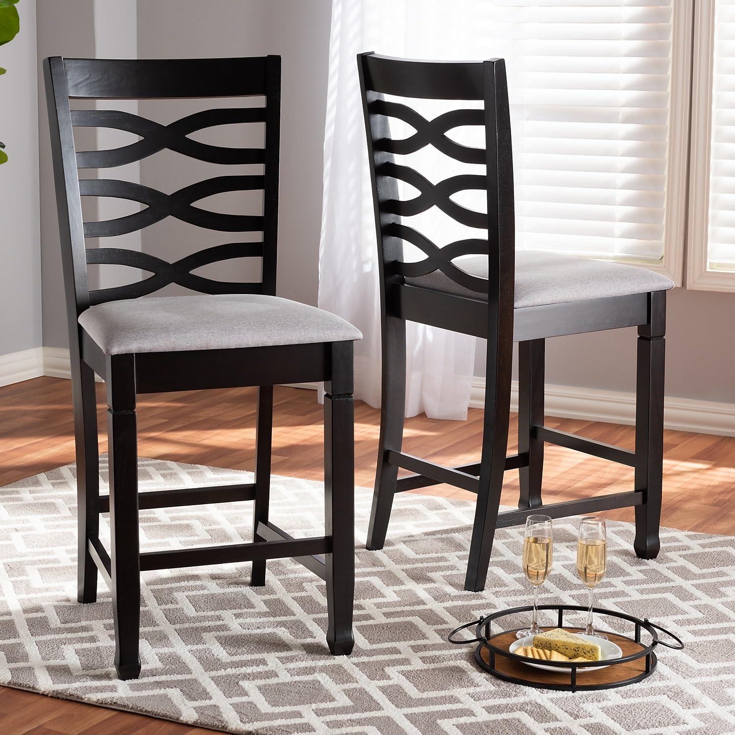 Baxton Studio Lanier Contemporary Fabric Cut-Out Back Counter Stool, Gray and Espresso, 2-Pieces/Set (153-2PC-9600-HT)