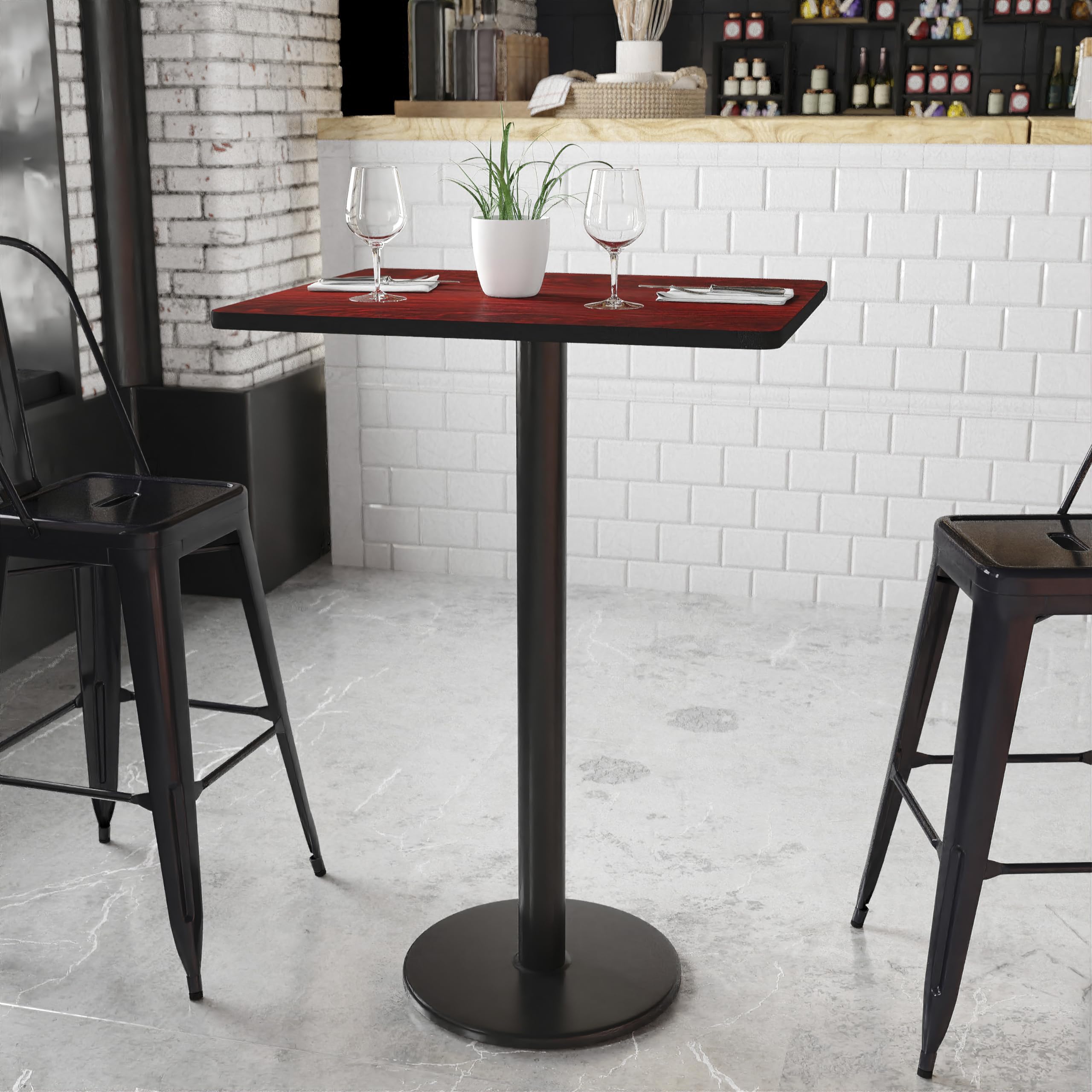 Flash Furniture Stiles 24'' x 30'' Rectangular Mahogany Laminate Table Top with 18'' Round Bar Height Table Base