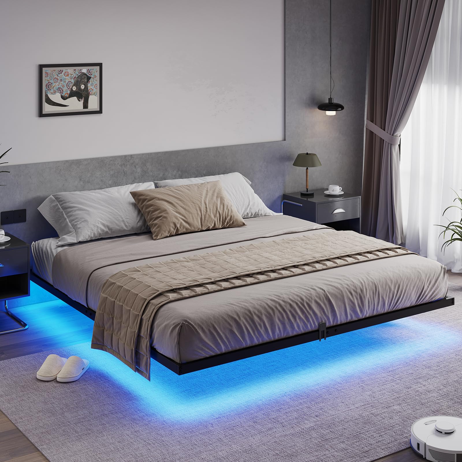 Hasuit Floating Bed Frame King Size With Led Lights, Metal Platform King Bed, No Box Spring Needed, Easy To Assemble (King)