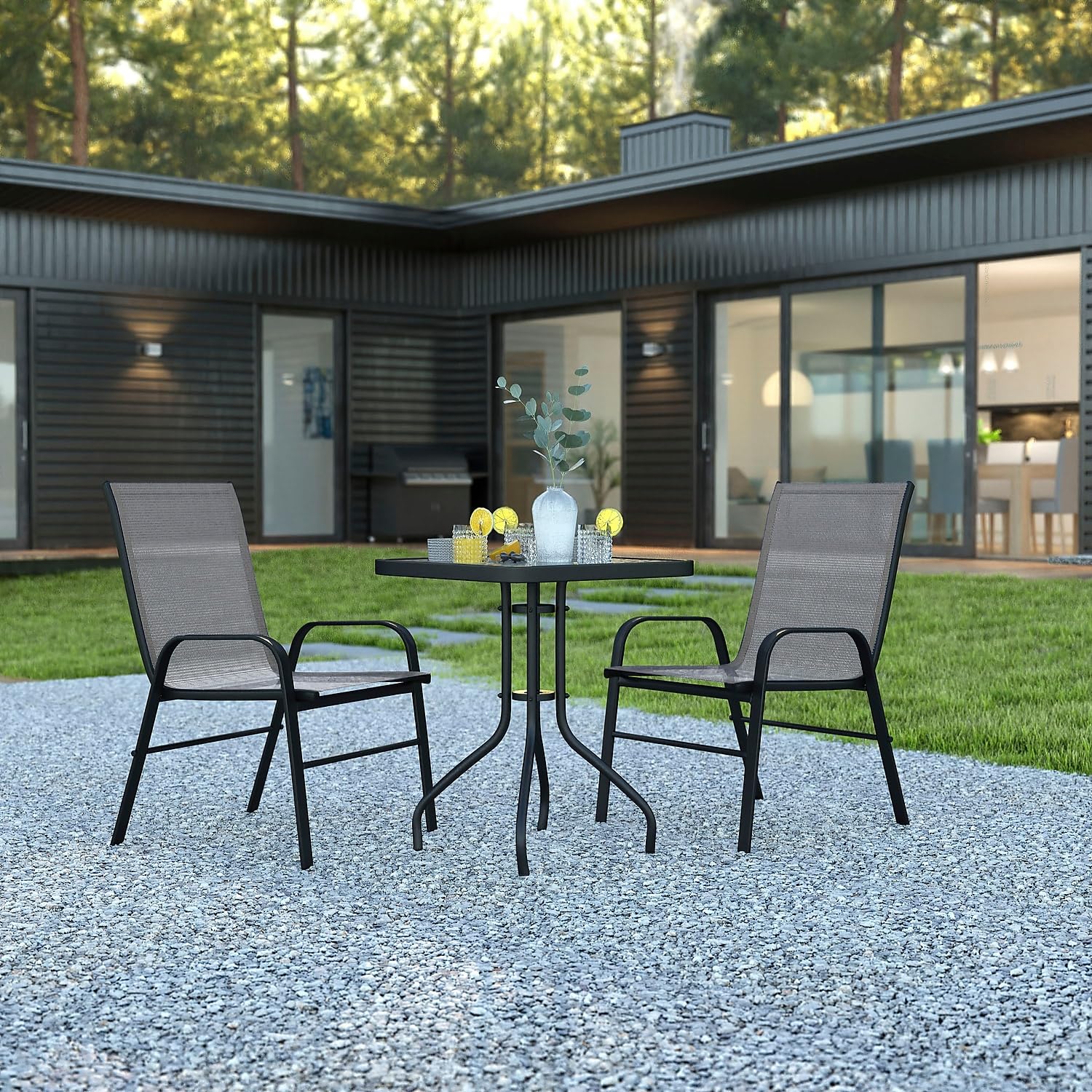 Flash Furniture 2 Flex Comfort Stack Chairs, 23.5" Square Tempered Glass Patio Table, Gray
