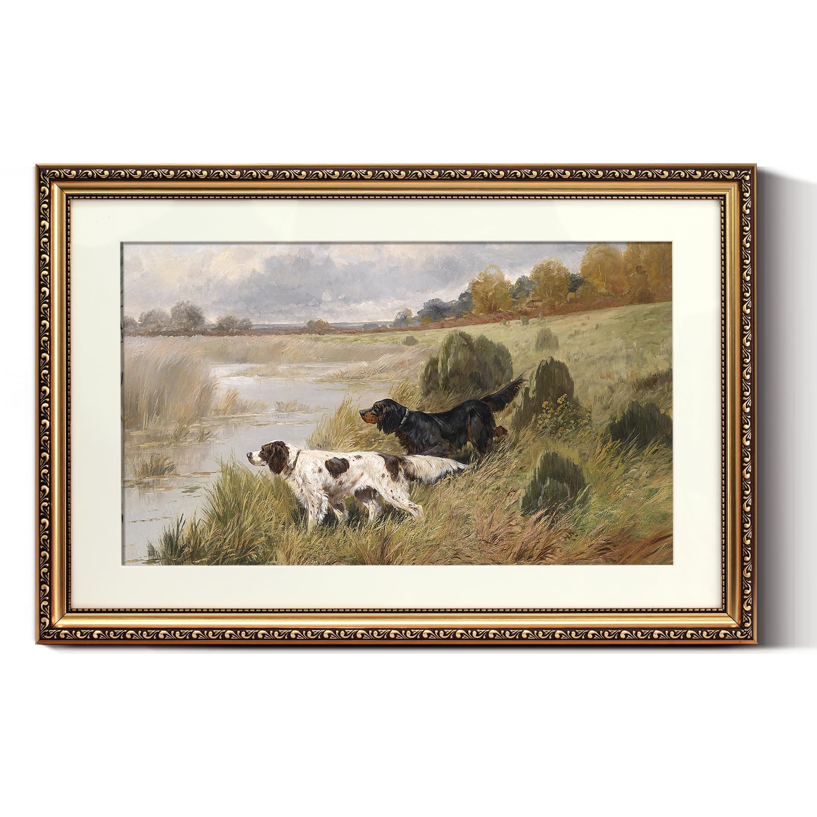 ARPEOTCY Vintage Gold Framed Large Wall Art, Retro River Dog Landscape Paintings, Canvas Prints Artwork with Antique Frame, Vict