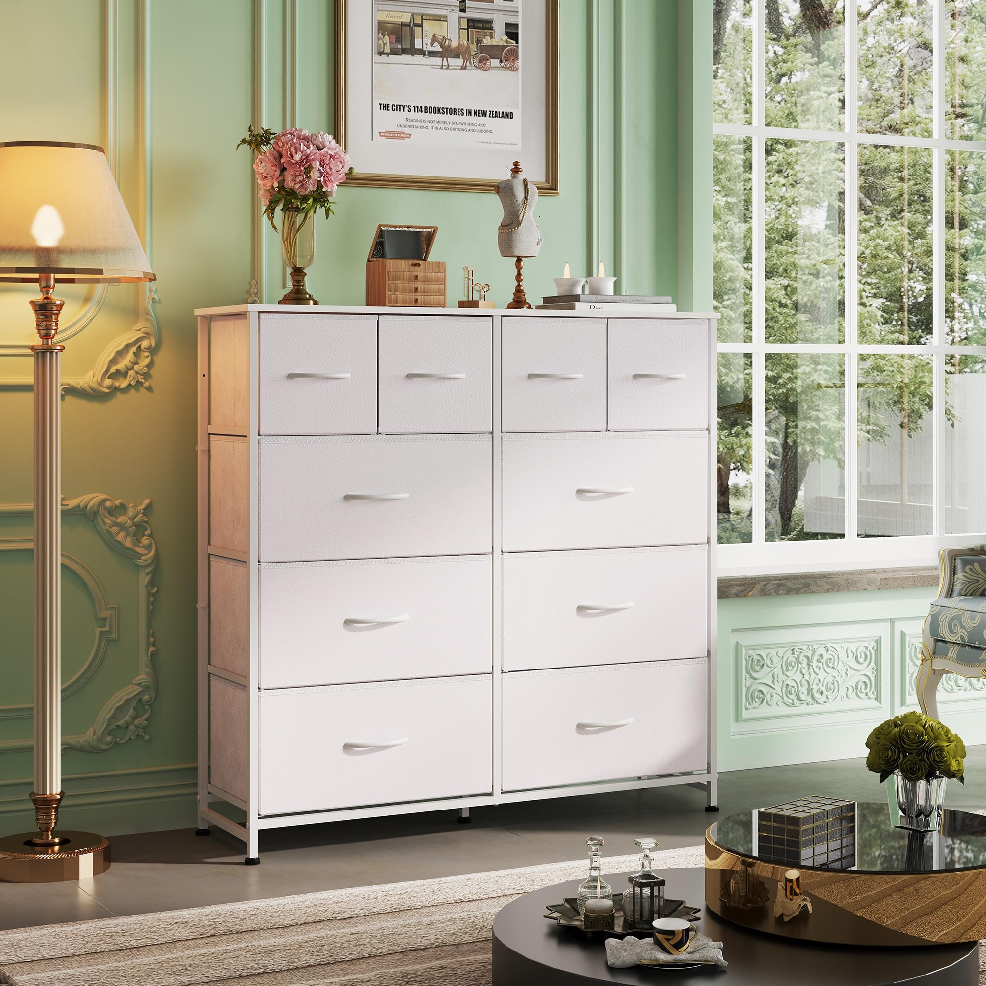 WLIVE Tall Dresser 10 Drawers Fabric MDF Board White 39.4"x39.4" ASNG084WXF