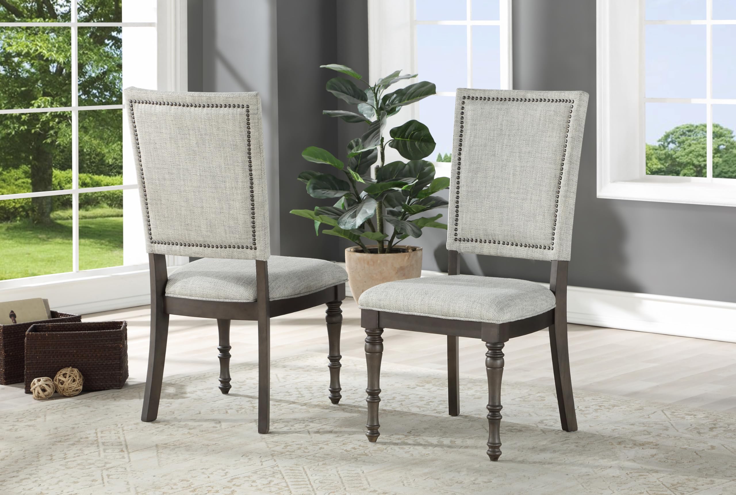 Steve Silver Linnett Upholstered Dining Modern Twist, Dark Pewter Nail Heads, Oatmeal Finish, Set of 2 Side Chairs, 19.5" L x 23.5" W x 42" H, Light Gray