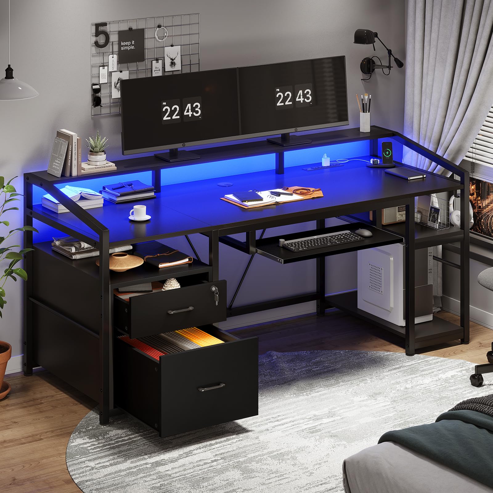 Sedeta 63' Computer Desk, Office Desk With Lockable Drawers For Legal/Letter File, Gaming Desk With Led Lights & Power Outlet, Home Office Desks With Storage, Black